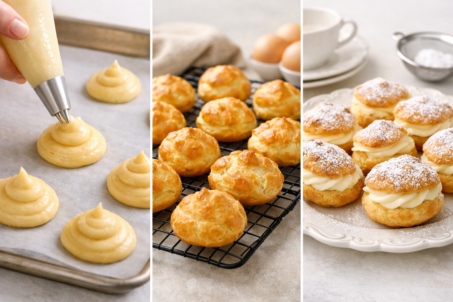 () editorial food photography showing a step-by-step visual collage of cream puff preparation: left panel shows raw choux