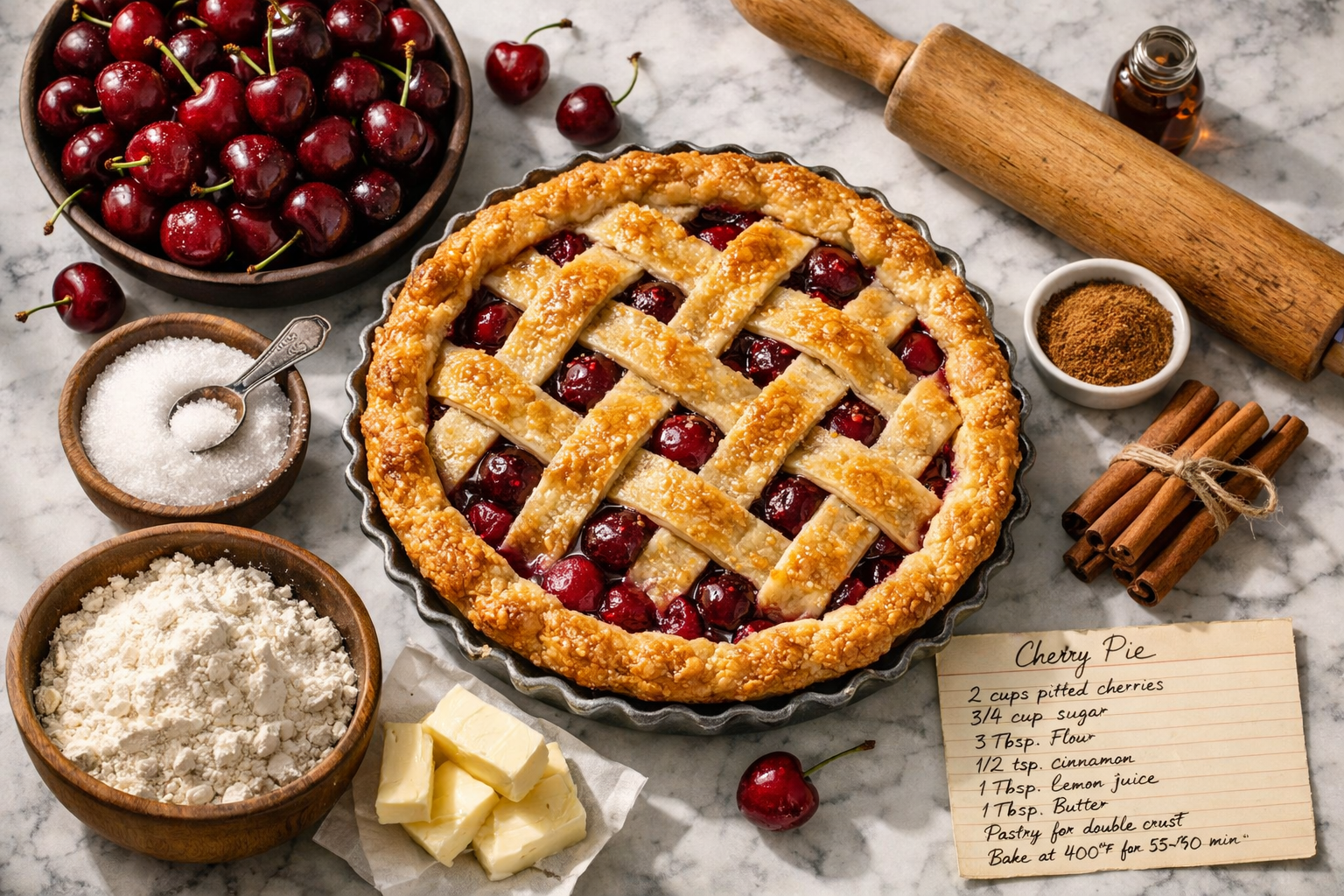() editorial food photography showing a vibrant flat-lay overhead shot of a freshly baked cherry pie surrounded by