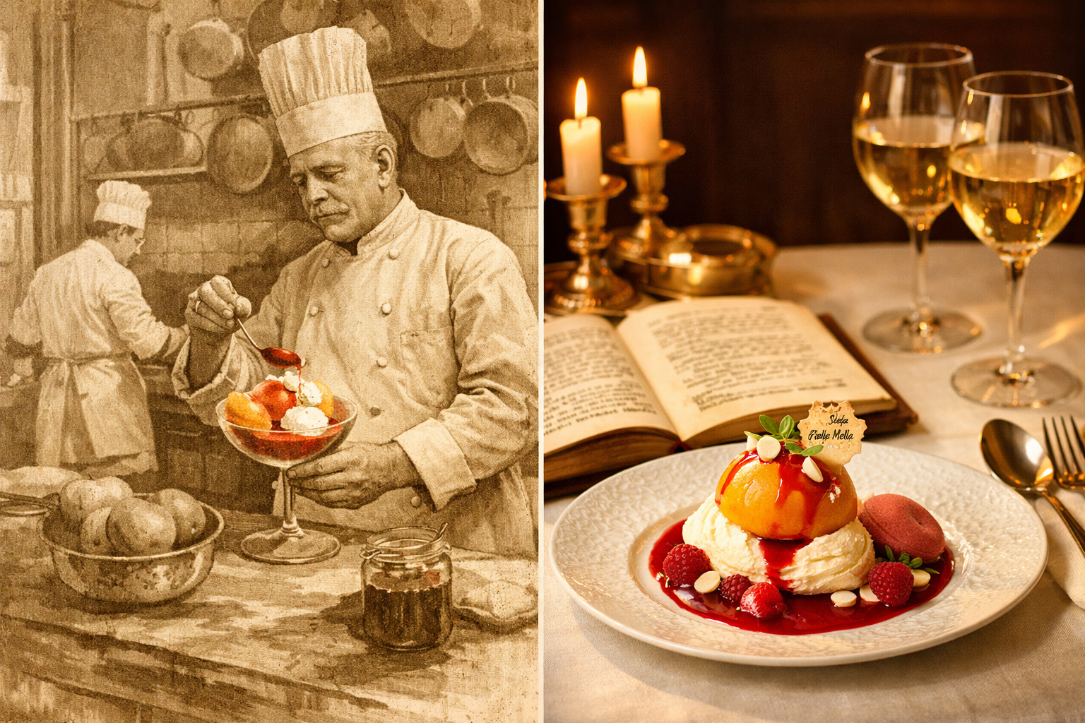 () editorial food photography showing the historical evolution of Peach Melba dessert: a split composition with a vintage