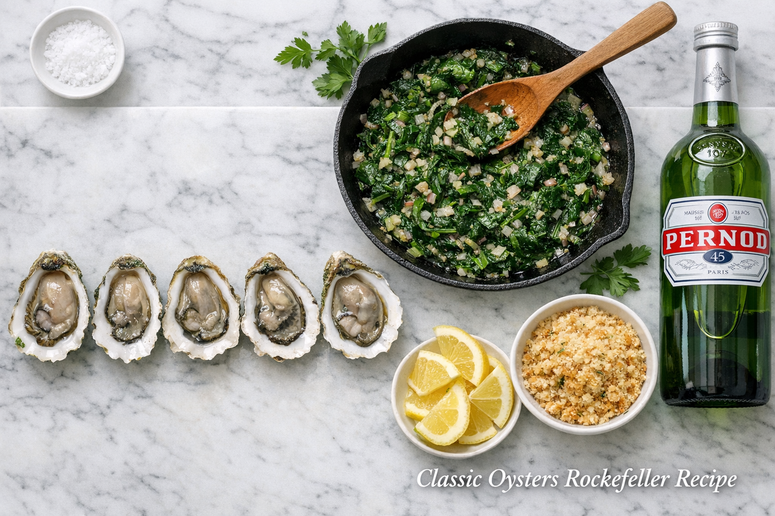 () editorial food photography showing the step-by-step preparation of classic Oysters Rockefeller: a marble kitchen counter