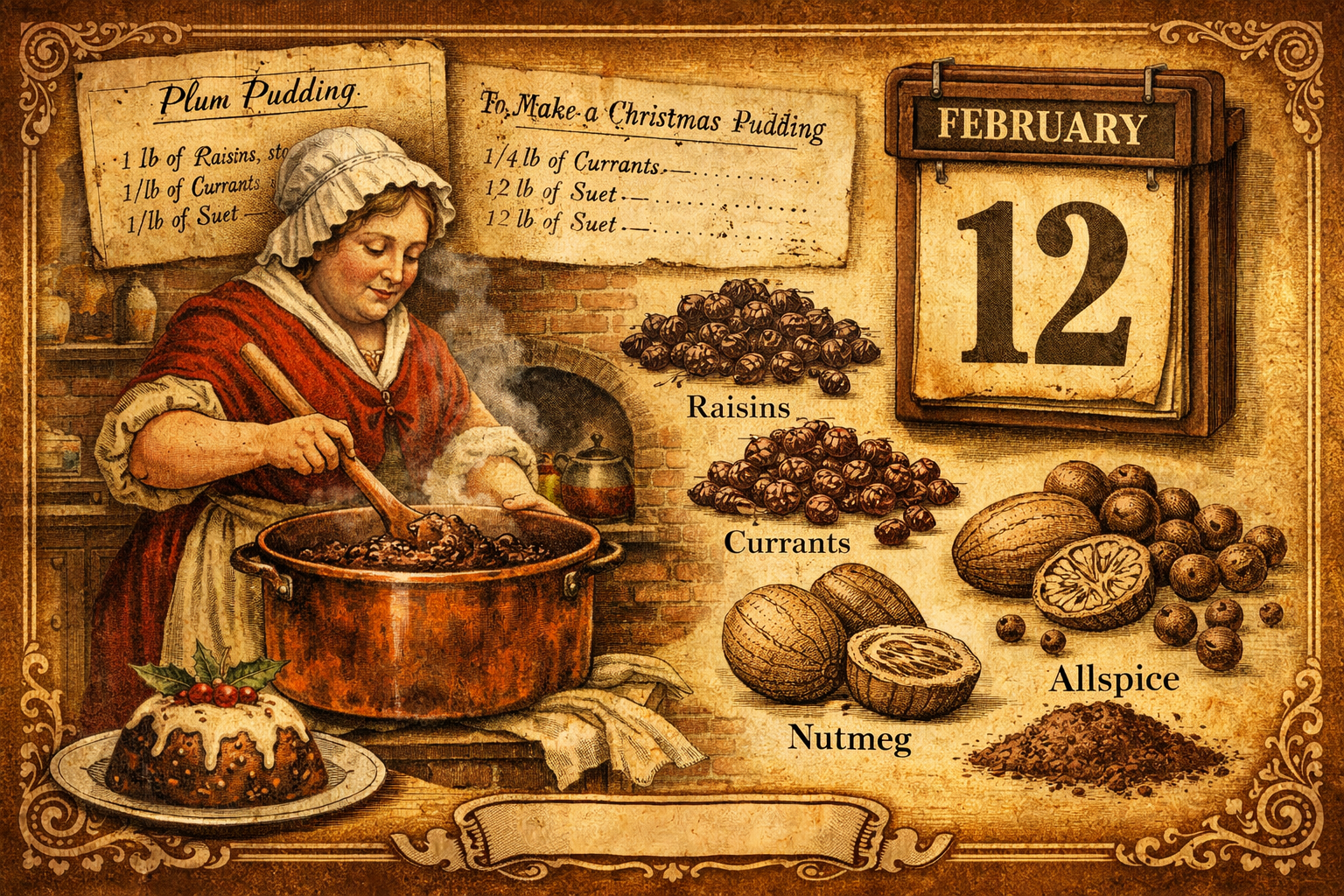 () editorial illustration showing a detailed historical timeline collage: Victorian-era kitchen scene with a cook stirring a