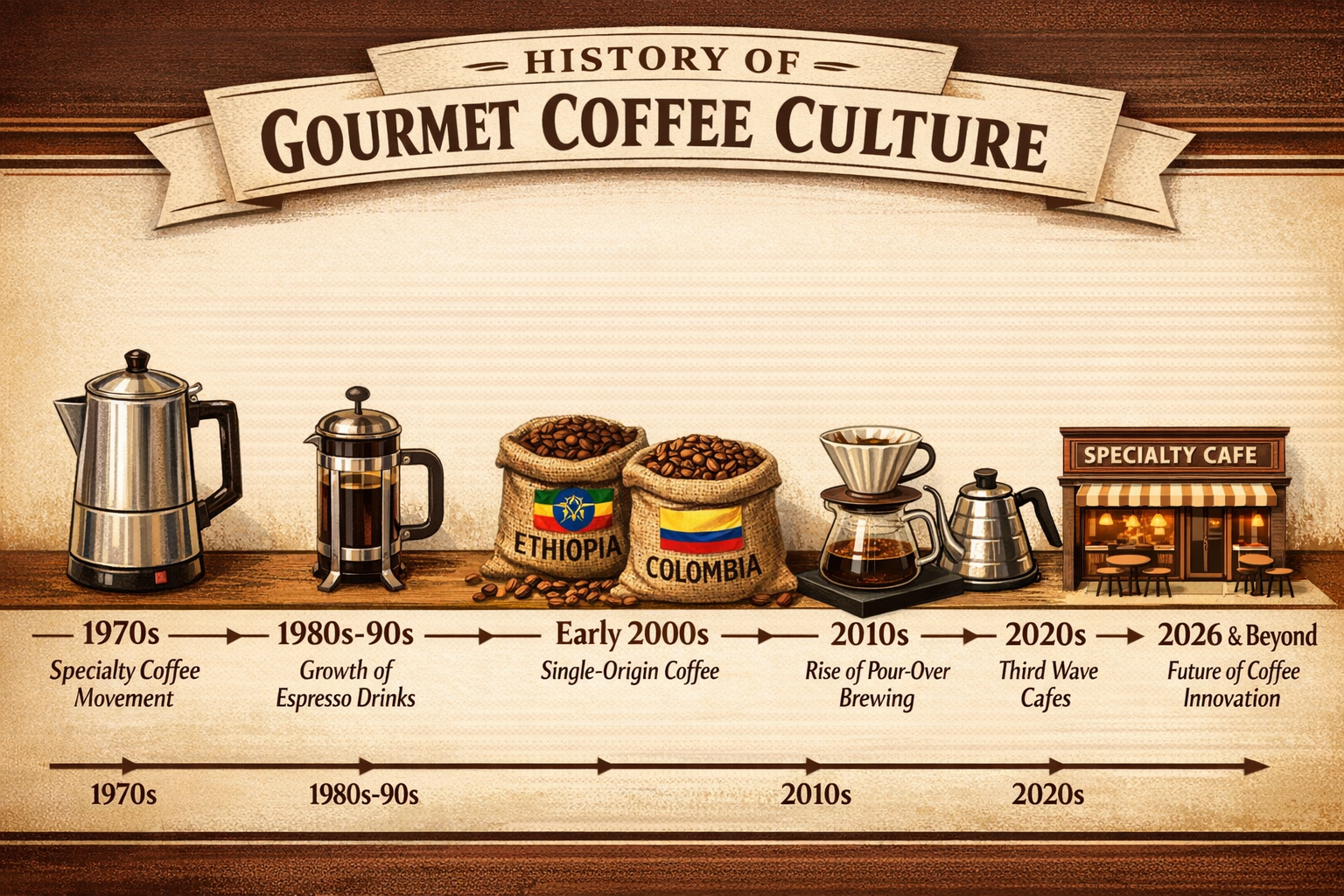 () editorial illustration showing a detailed timeline-style infographic of gourmet coffee culture history from 1970s