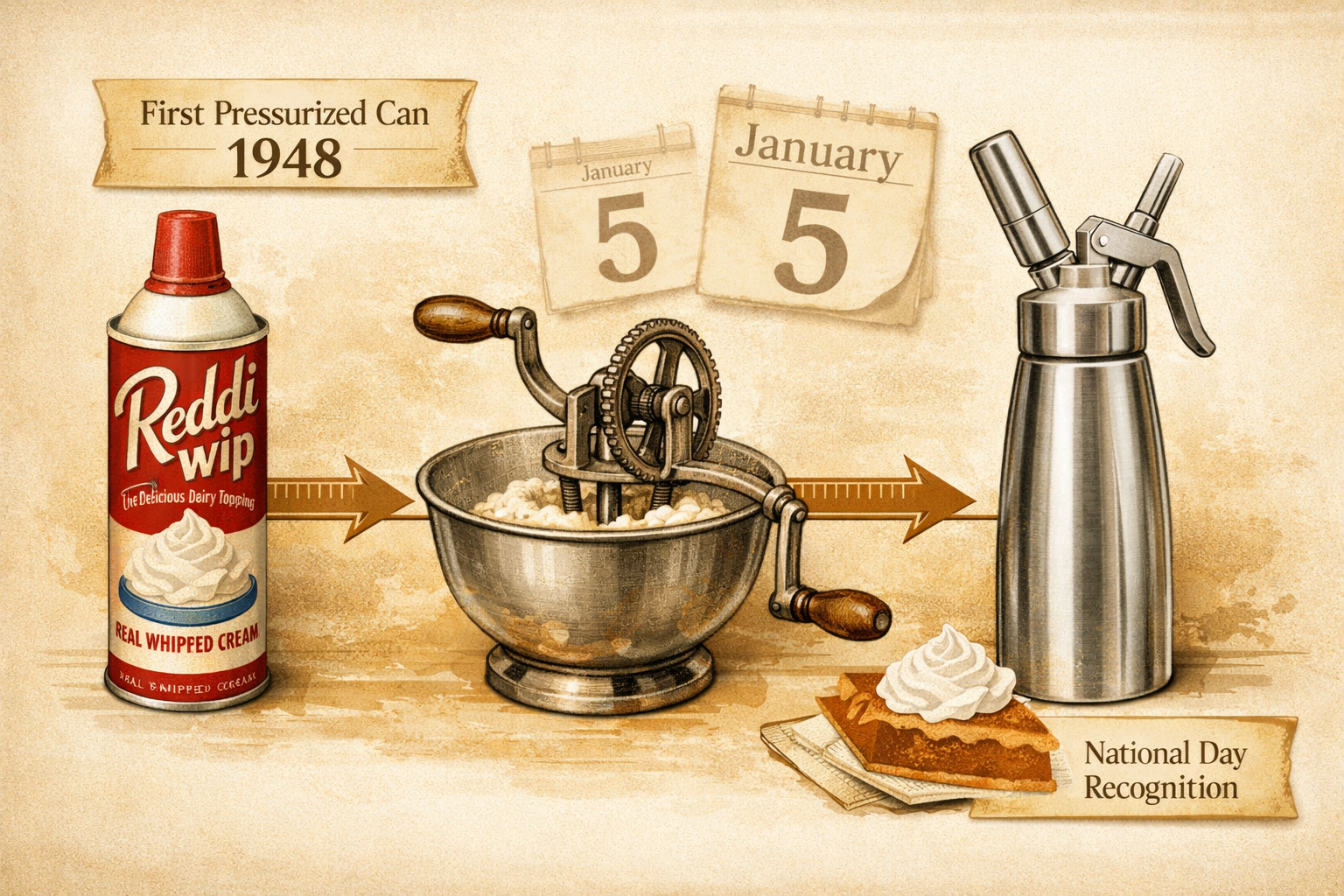 () editorial illustration showing a detailed visual timeline and history collage: a vintage 1940s-era Reddi Whip aerosol can