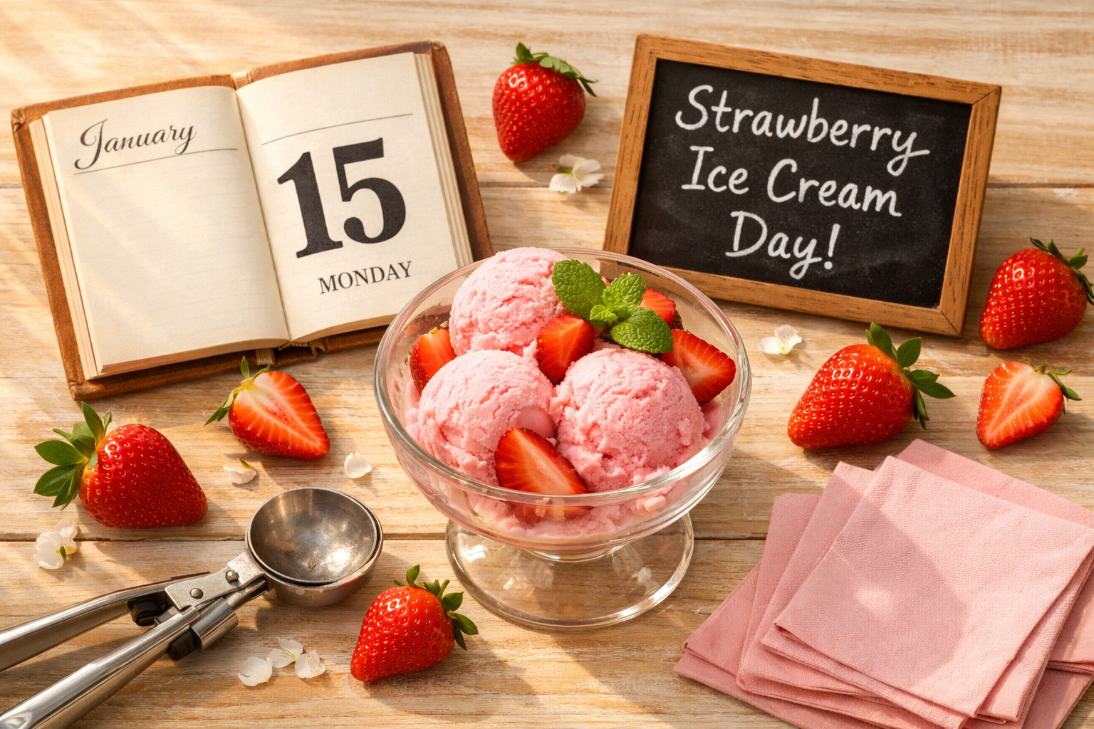() editorial illustration showing a festive flat-lay overhead shot of strawberry ice cream celebration spread: a glass bowl