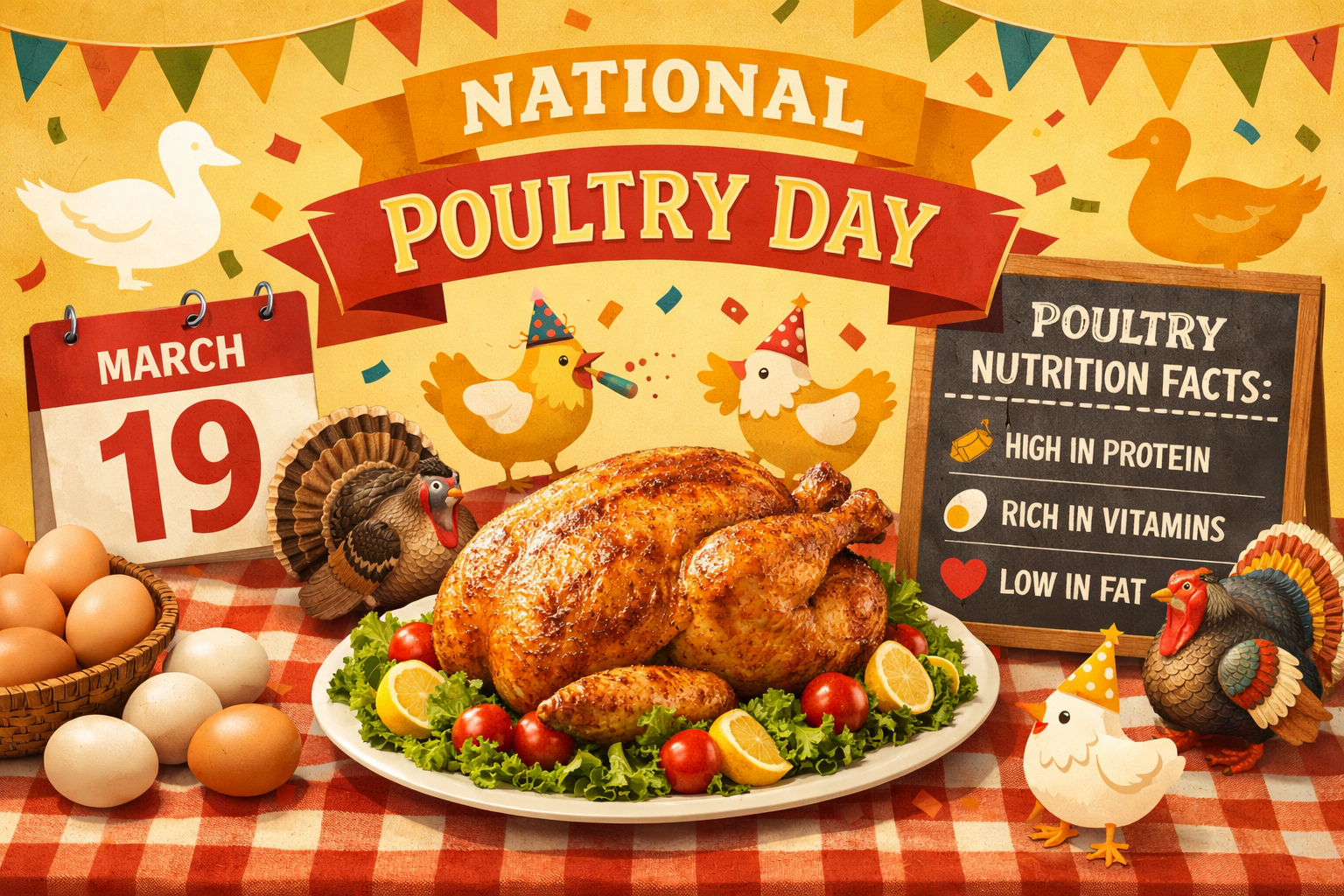 () editorial illustration showing a festive poultry celebration collage: a roasted chicken centerpiece on a decorated table