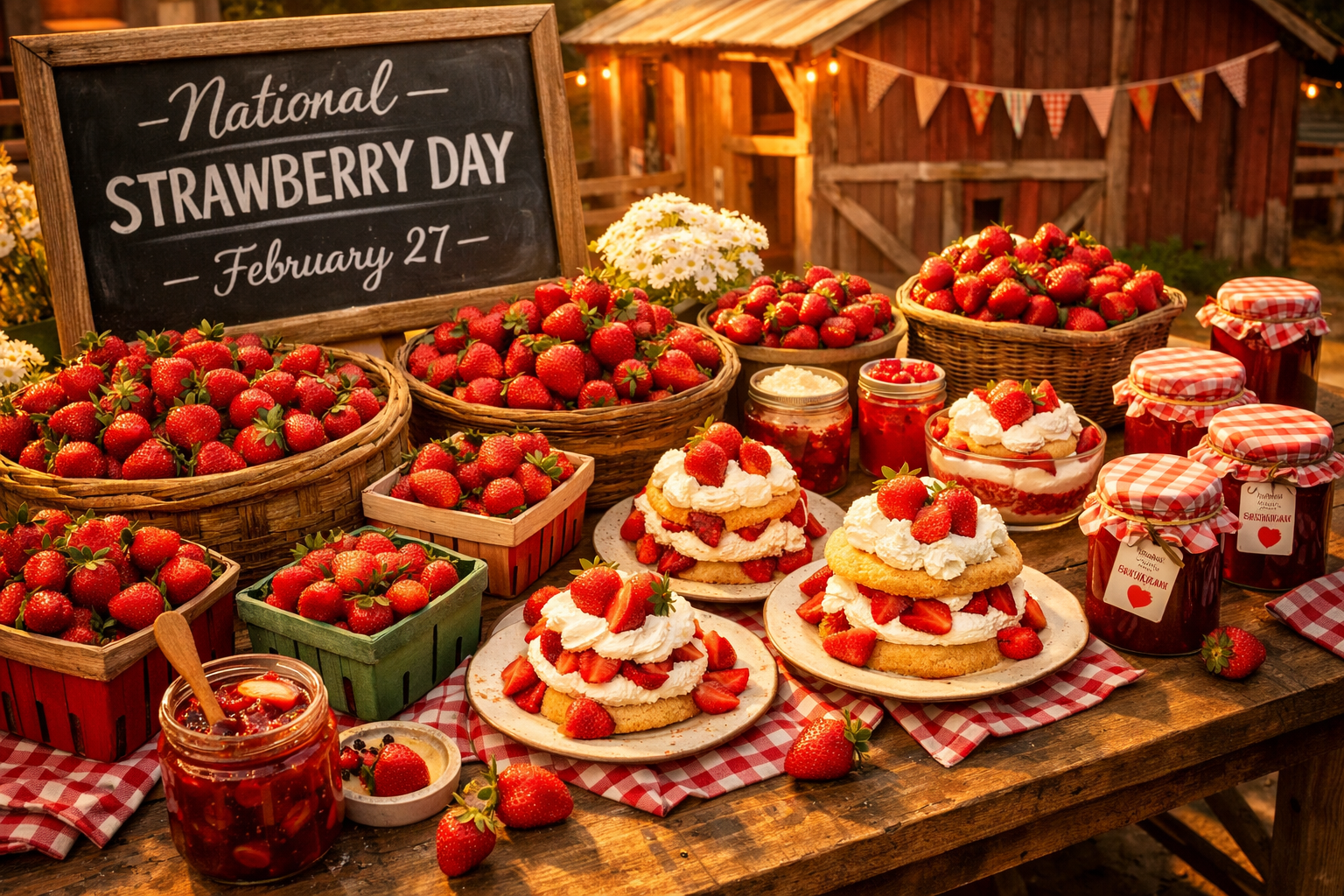 () editorial illustration showing a festive strawberry celebration scene: a wooden farmers market table overflowing with