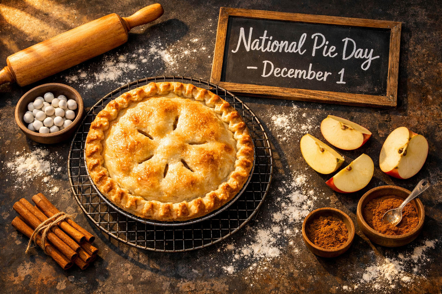 () editorial illustration showing a flat-lay overhead shot of a kitchen scene: a freshly baked pie with a perfectly crimped