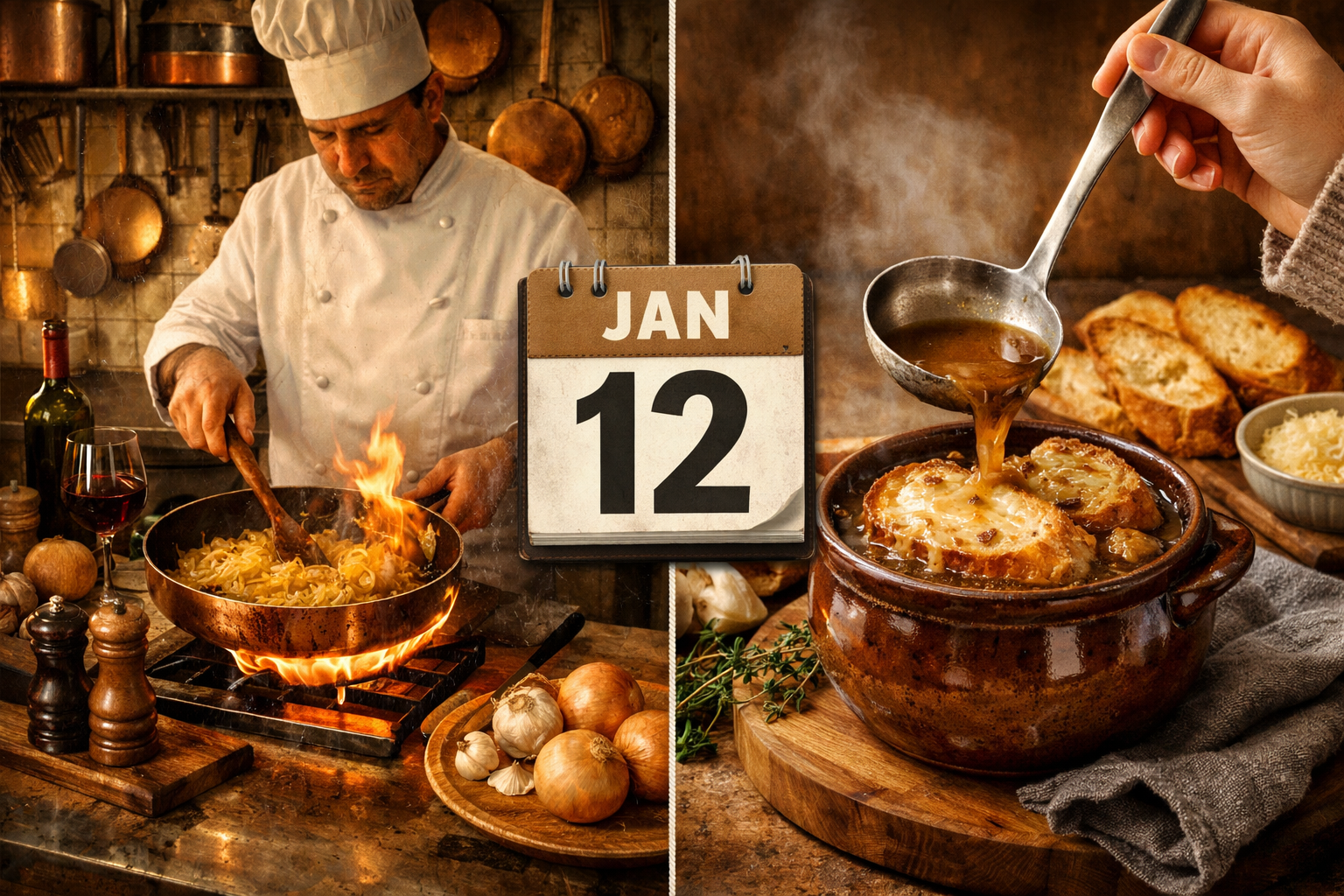 () editorial illustration showing a split-scene: left side displays a vintage French bistro kitchen with a chef caramelizing
