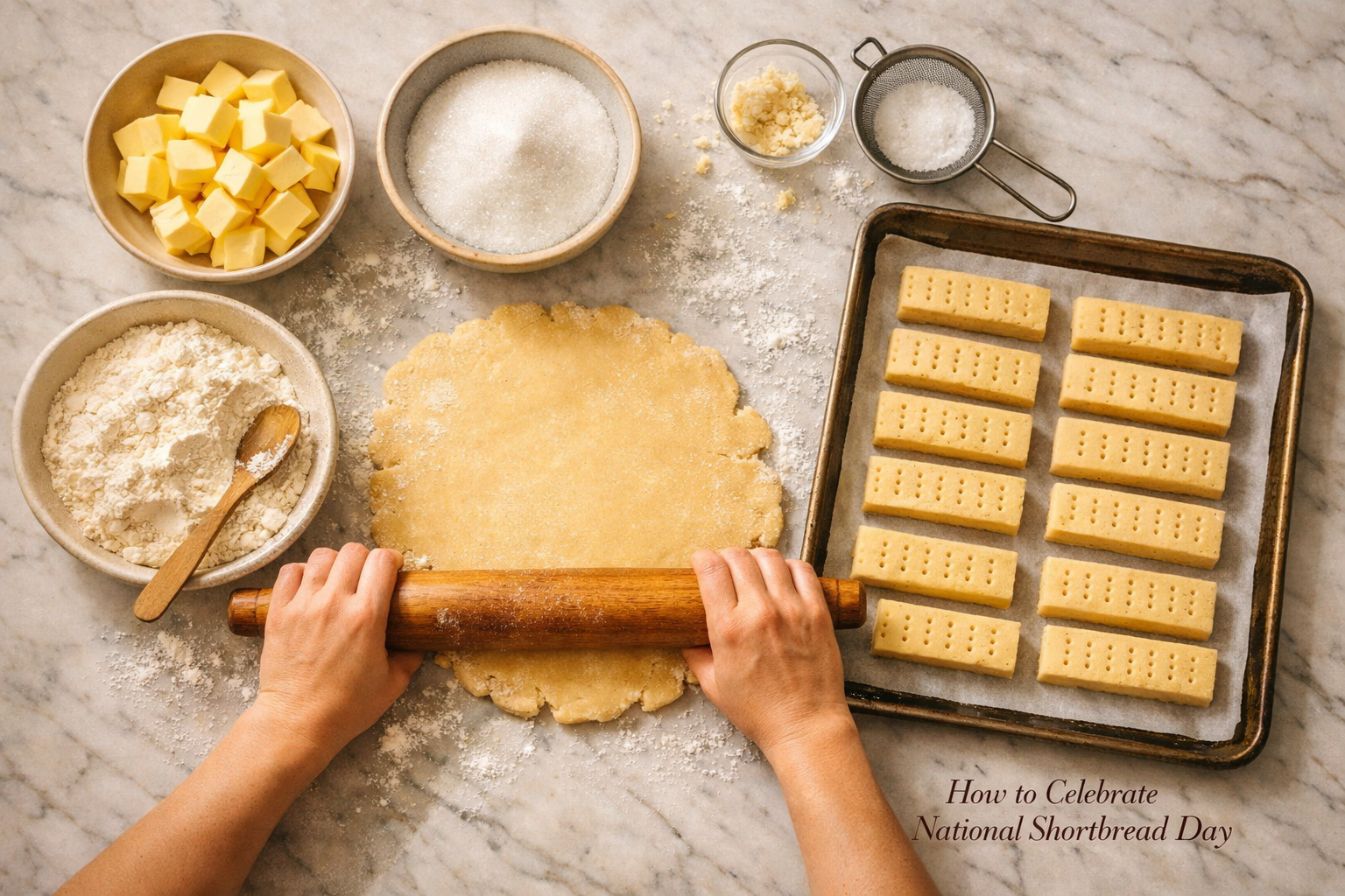 () editorial illustration showing a step-by-step shortbread baking scene: a marble countertop with measured ingredients