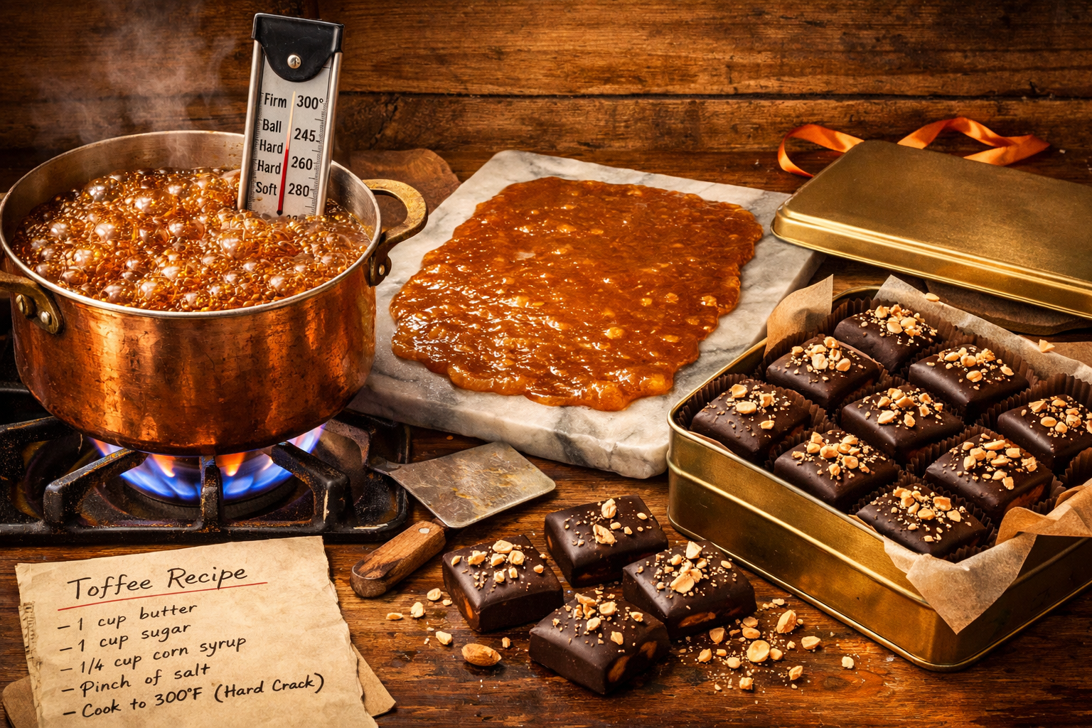 () editorial illustration showing a step-by-step toffee-making process: a gleaming copper saucepan on a gas flame with