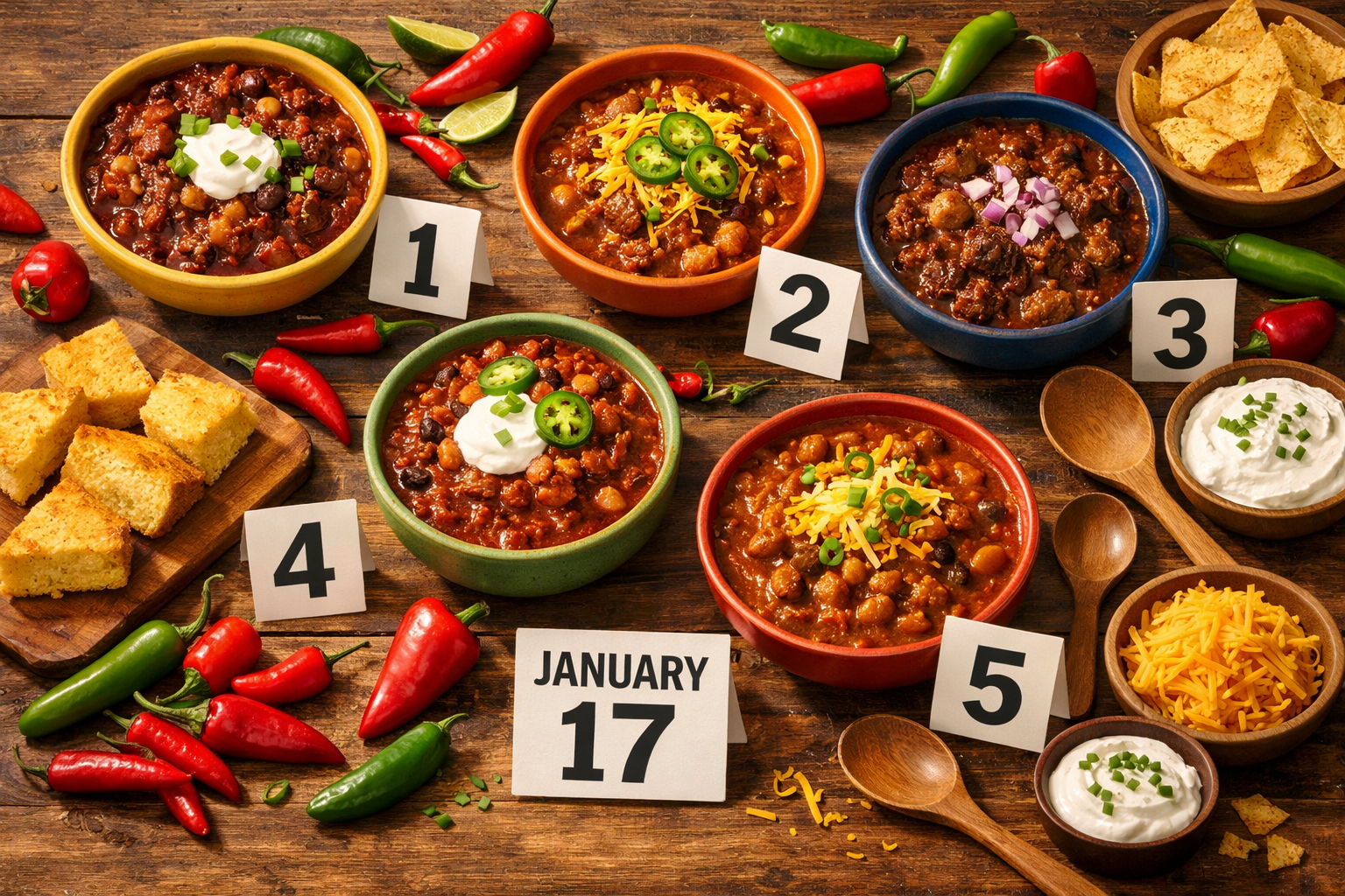 () editorial illustration showing a vibrant flat-lay overhead shot of a chili cook-off competition table on January 17,