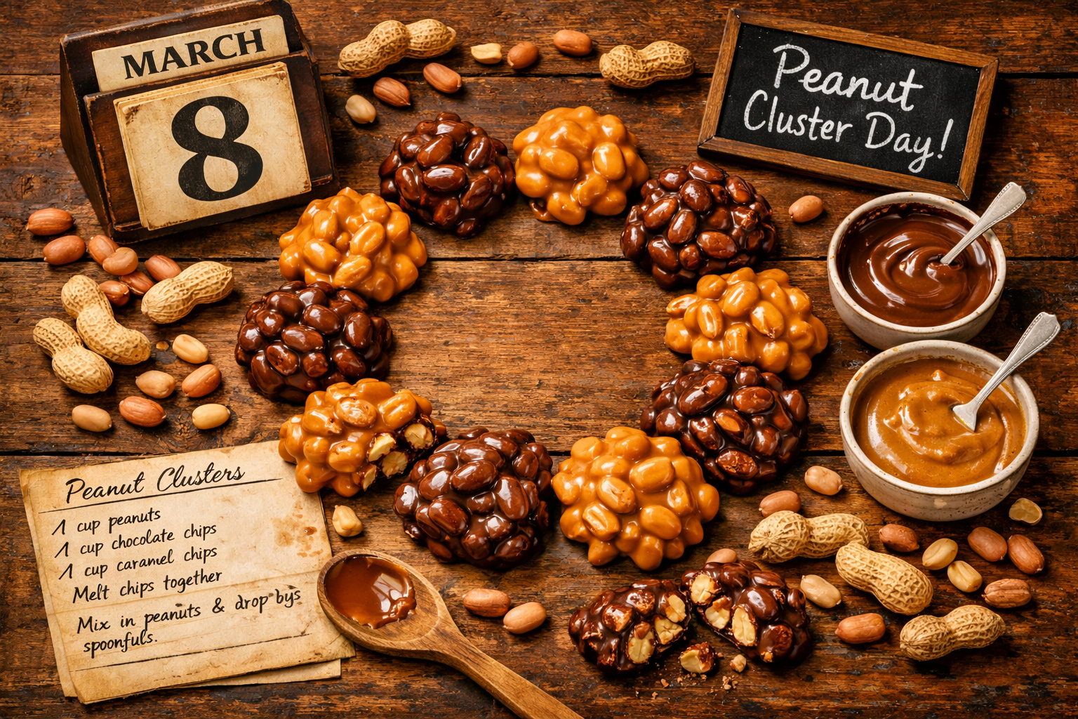 () editorial illustration showing a vibrant flat-lay overhead shot of homemade peanut clusters arranged in a circle on a