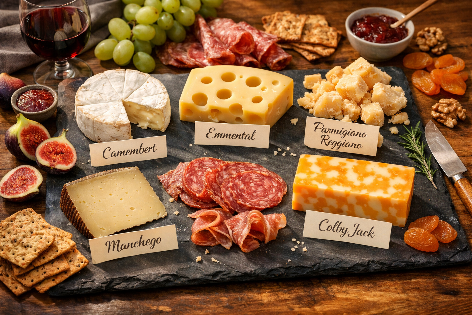 () editorial illustration showing a vibrant overhead flat-lay of diverse cheese varieties from around the world arranged on