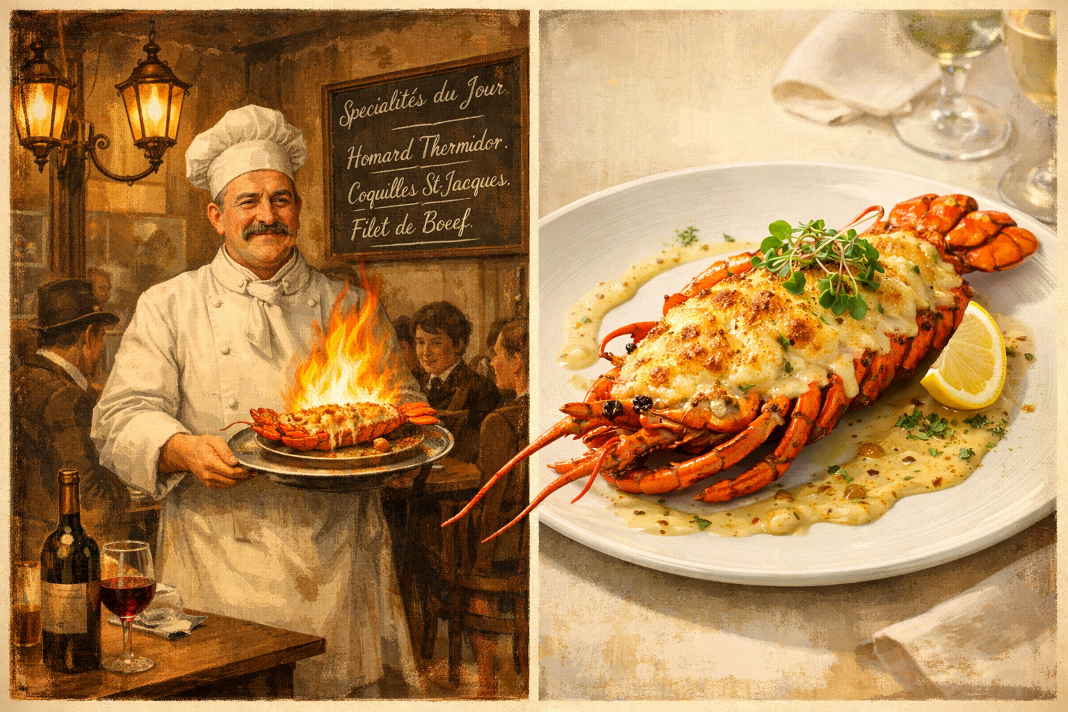 () editorial illustration showing the historical evolution of Lobster Thermidor: split-panel composition with left side