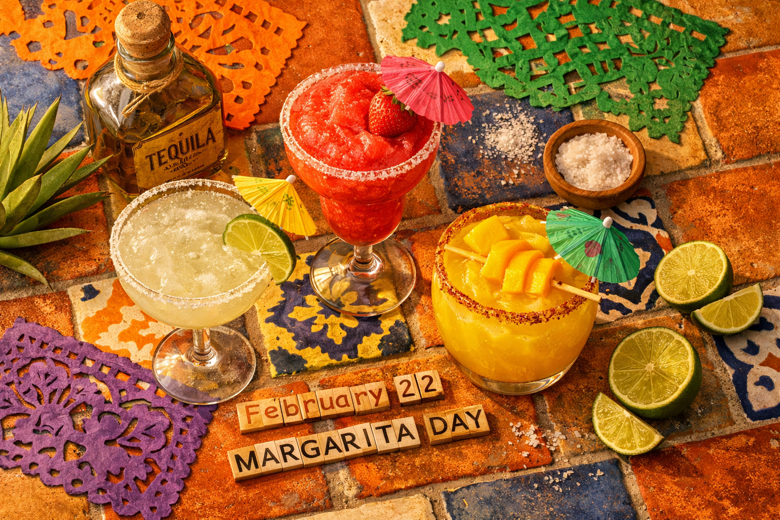 () editorial image showing a bird's-eye flat lay of three margarita cocktail variations — classic lime, strawberry, and