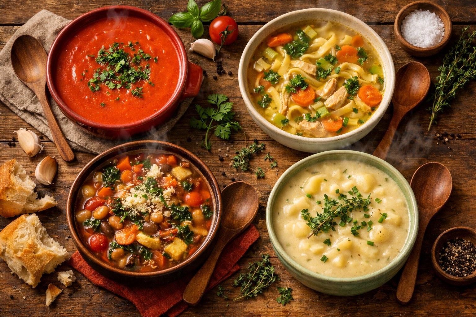 () editorial image showing a diverse collection of homemade soup varieties arranged on a rustic farmhouse table: a vibrant