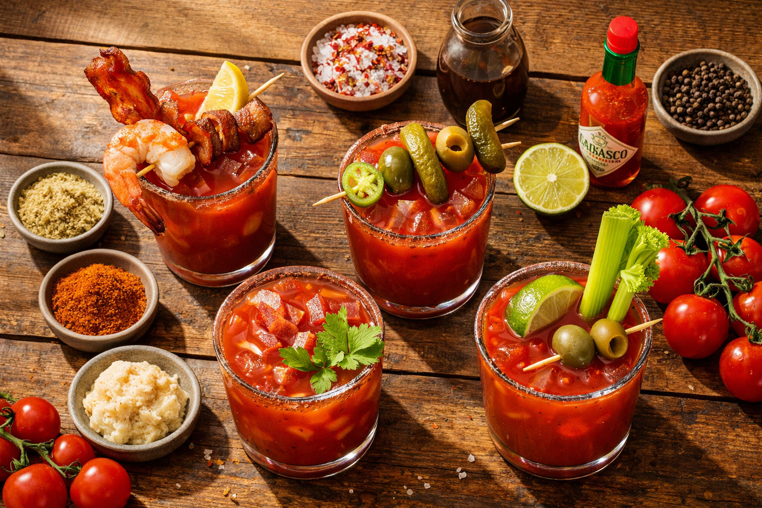 () editorial image showing a flat-lay overhead perspective of multiple Bloody Mary cocktails in various glasses arranged on