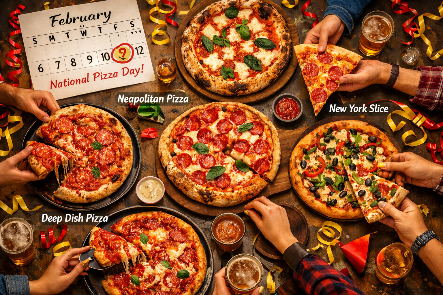 () editorial infographic-style image showing a vibrant pizza celebration scene: a diverse group of friends gathered around a
