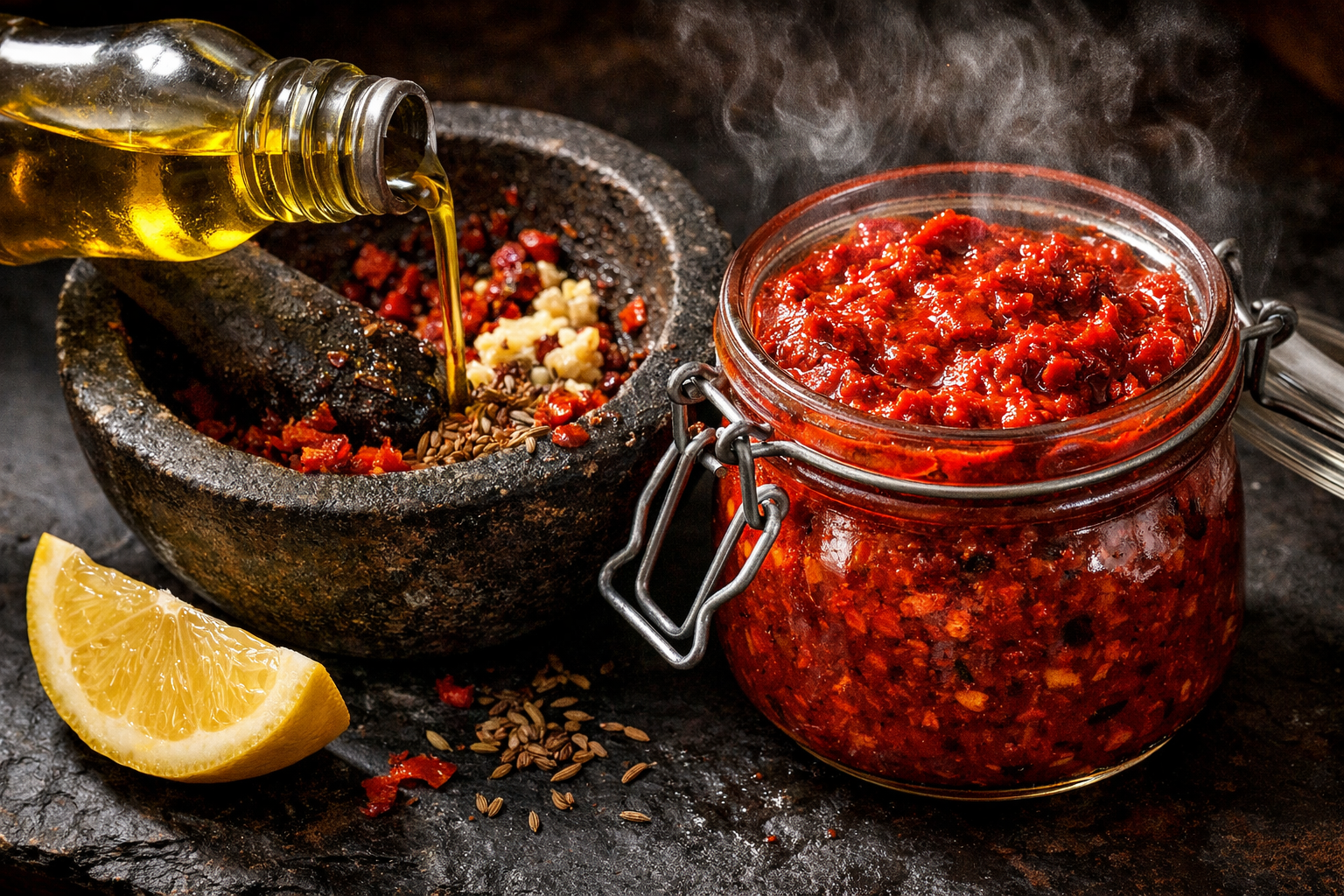 Close-up () of a glass jar of homemade harissa paste being assembled: a mortar and pestle with crushed red chilies, minced
