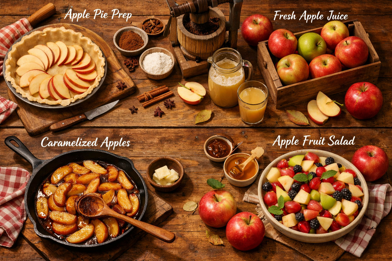 Detailed () culinary scene showing a rustic wooden kitchen counter with fresh apples being prepared multiple ways: sliced