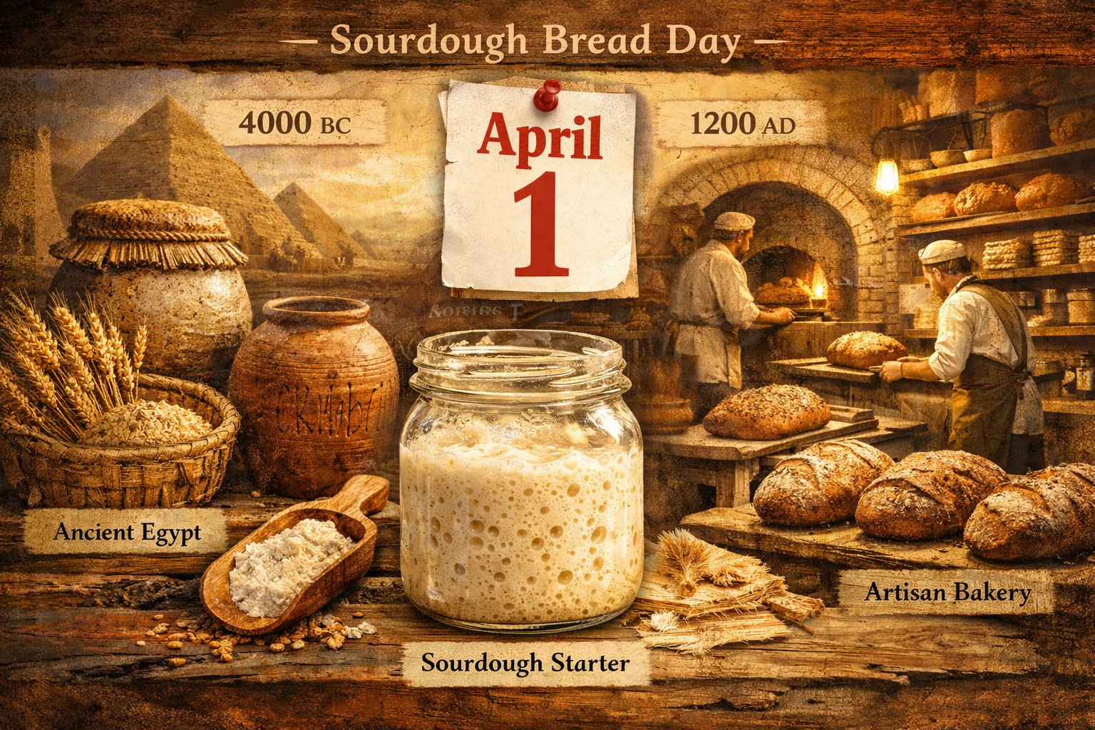 Detailed () editorial collage image showing a timeline of sourdough bread history: ancient Egyptian grain vessels on the