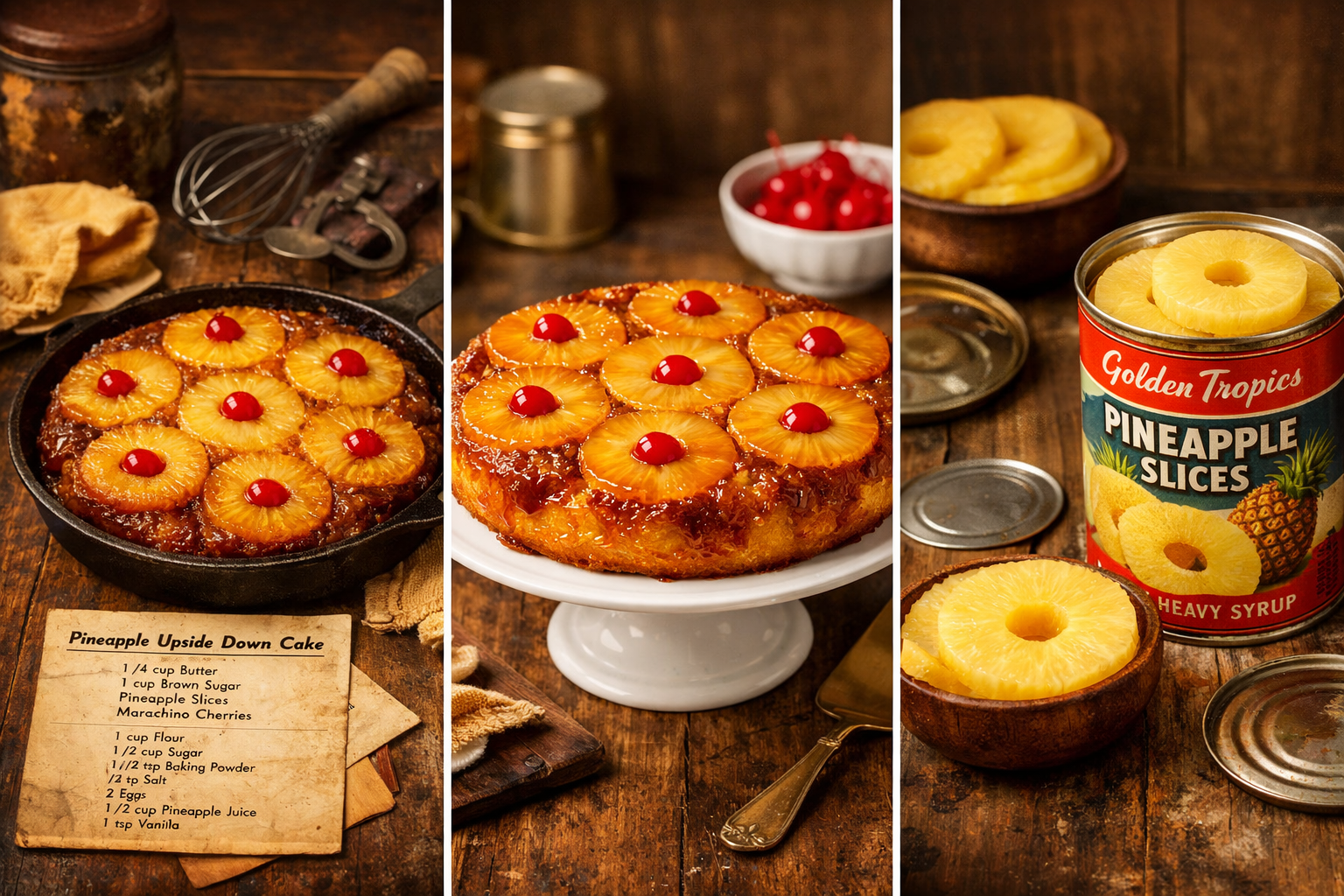 Detailed () editorial food photography collage showing the evolution of pineapple upside-down cake through history: left