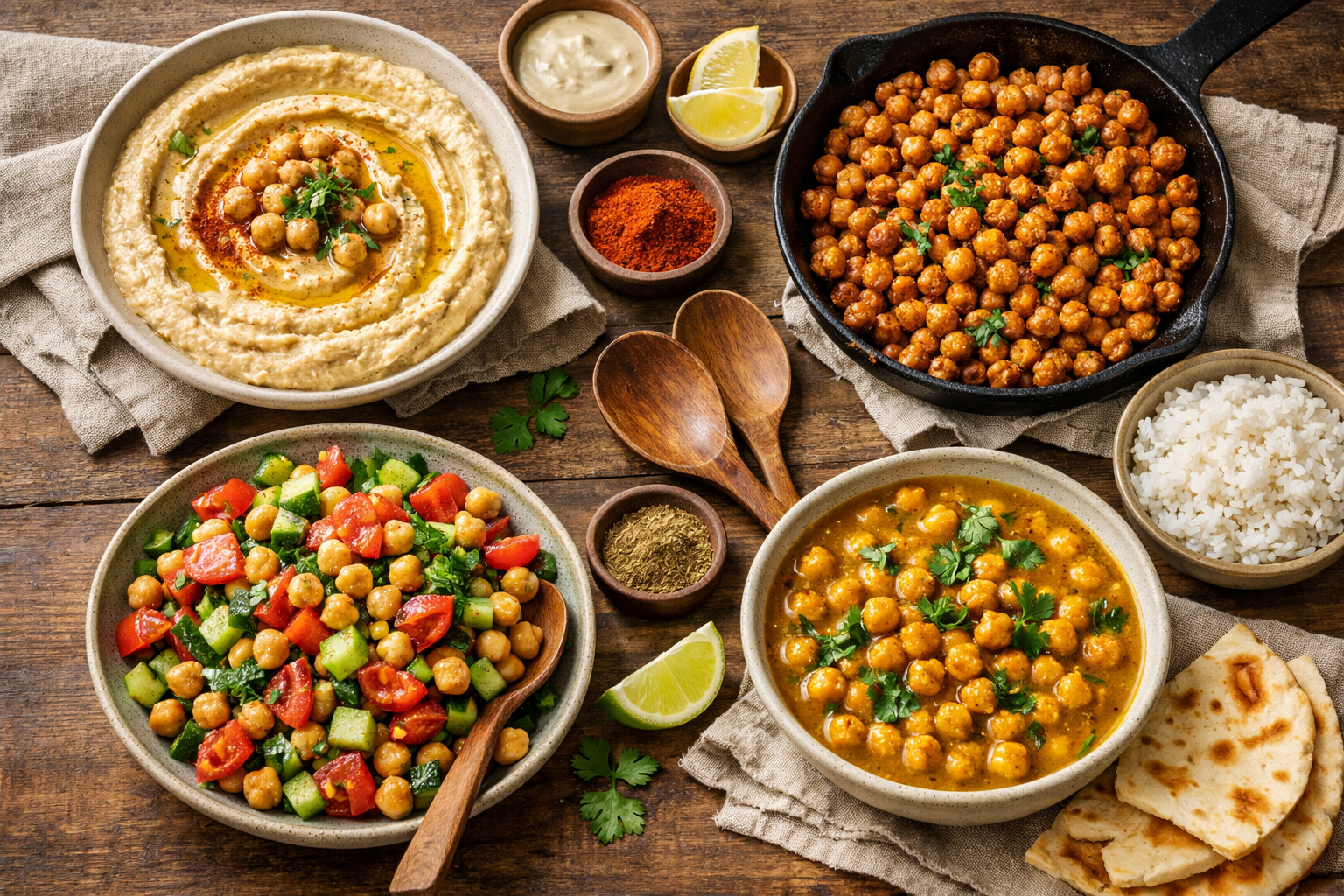 Detailed () editorial food photography image showing a diverse spread of chickpea dishes arranged on a wooden table: creamy