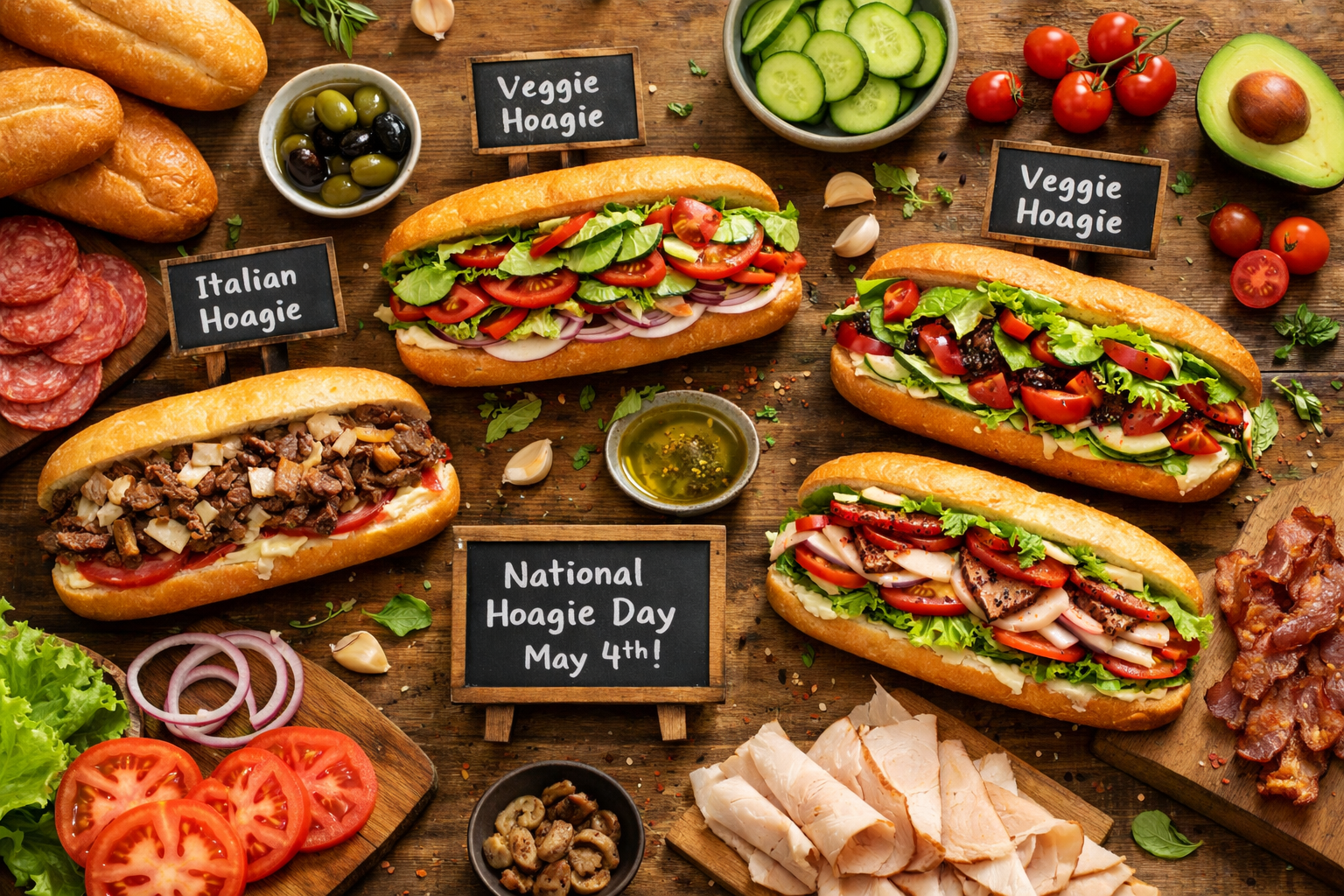 Detailed () editorial food photography image showing a flat-lay overhead view of multiple hoagie sandwich varieties arranged