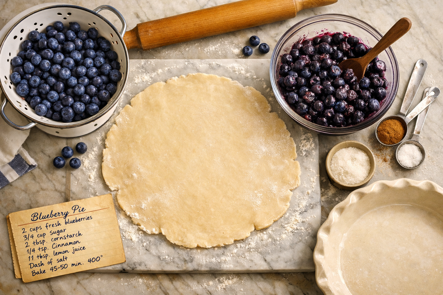 Detailed () editorial food photography image showing a step-by-step blueberry pie baking scene: a flat-lay overhead shot of