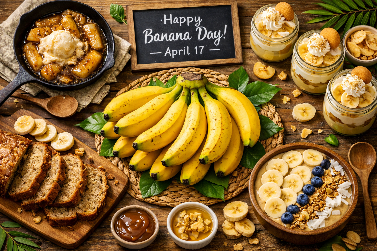Detailed () editorial food photography showing a festive banana celebration spread: a rustic wooden table top-down view