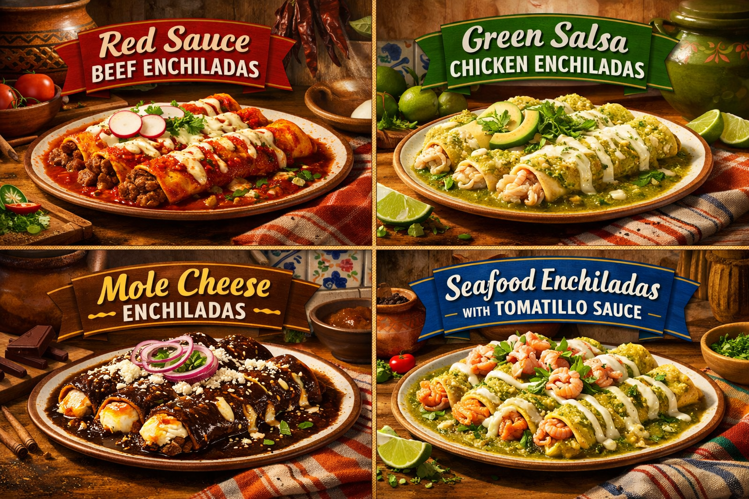 Detailed () editorial illustration showing a colorful step-by-step visual guide to enchilada varieties arranged in a