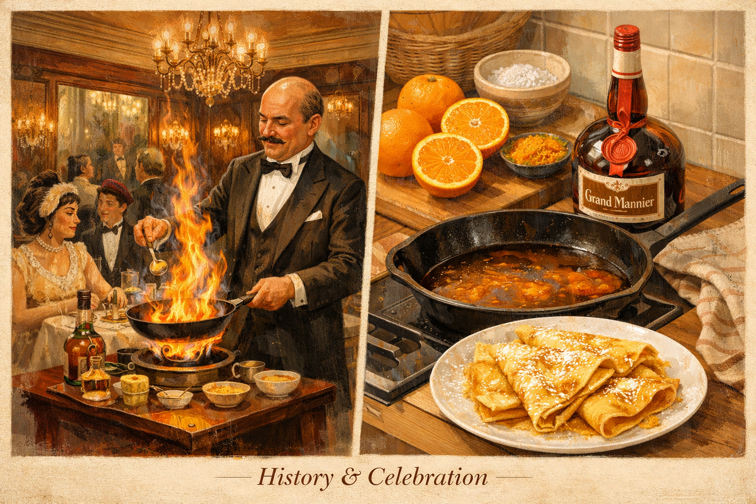 Detailed () editorial illustration showing a split-scene: left side depicts a classic early 1900s Parisian restaurant with a