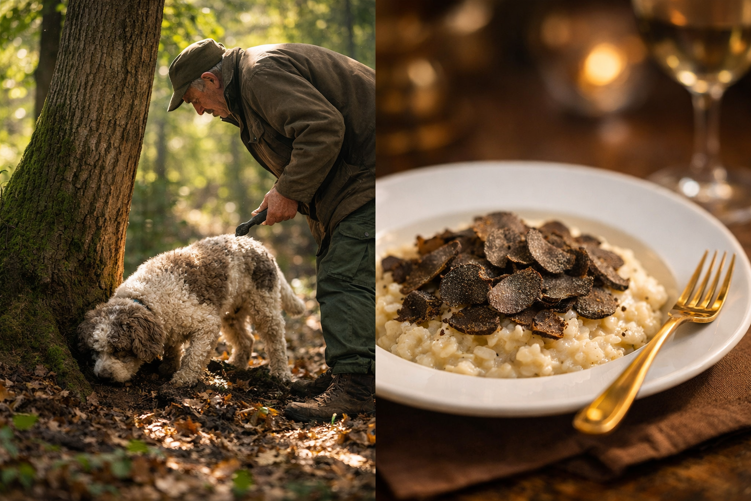 Detailed () editorial image showing a split-scene composition: on the left, a truffle hunter in a French forest with a