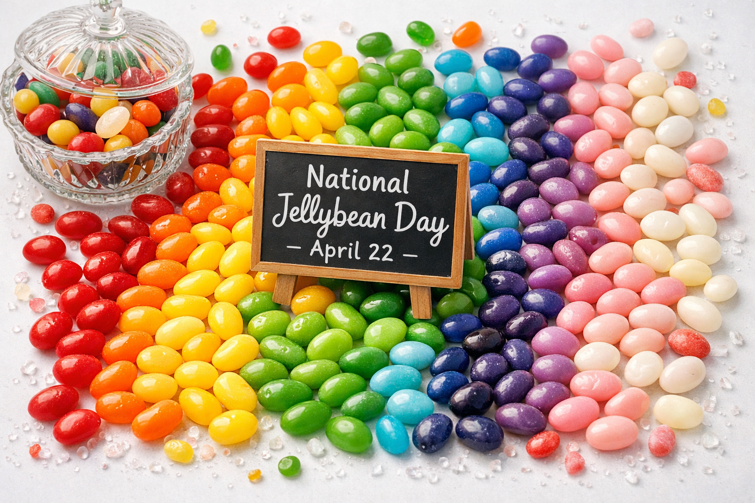 Detailed () editorial photograph showing a flat-lay overhead view of dozens of colorful jellybeans arranged in a rainbow