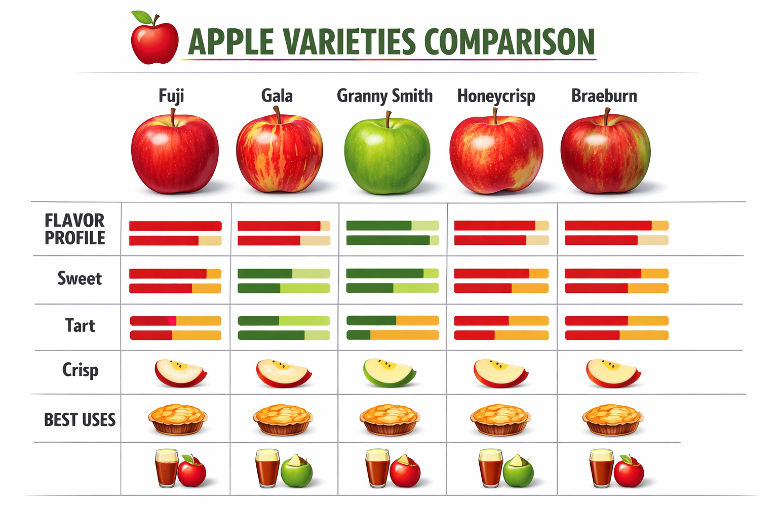 Detailed () informational graphic showing a comparison table of popular apple varieties — Fuji, Gala, Granny Smith,