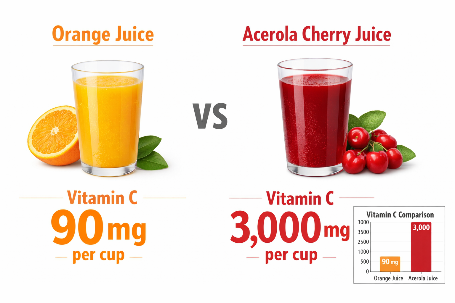 Detailed () informational graphic showing a side-by-side nutritional comparison: a glass of fresh-squeezed orange juice
