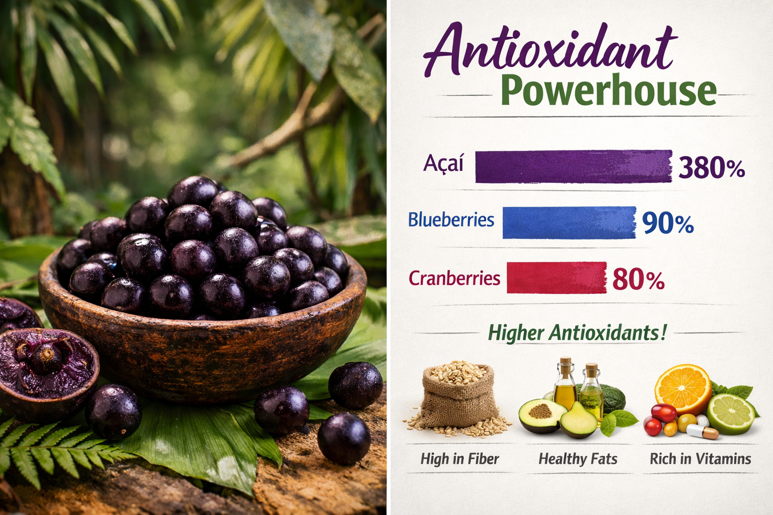 Detailed () informational infographic showing açaí nutritional comparison chart. Left panel: dark purple açaí berries in a