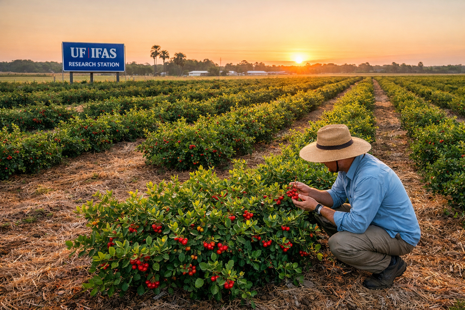 Detailed () wide-angle aerial photograph of a Florida acerola cherry research field trial at sunrise, rows of low-growing