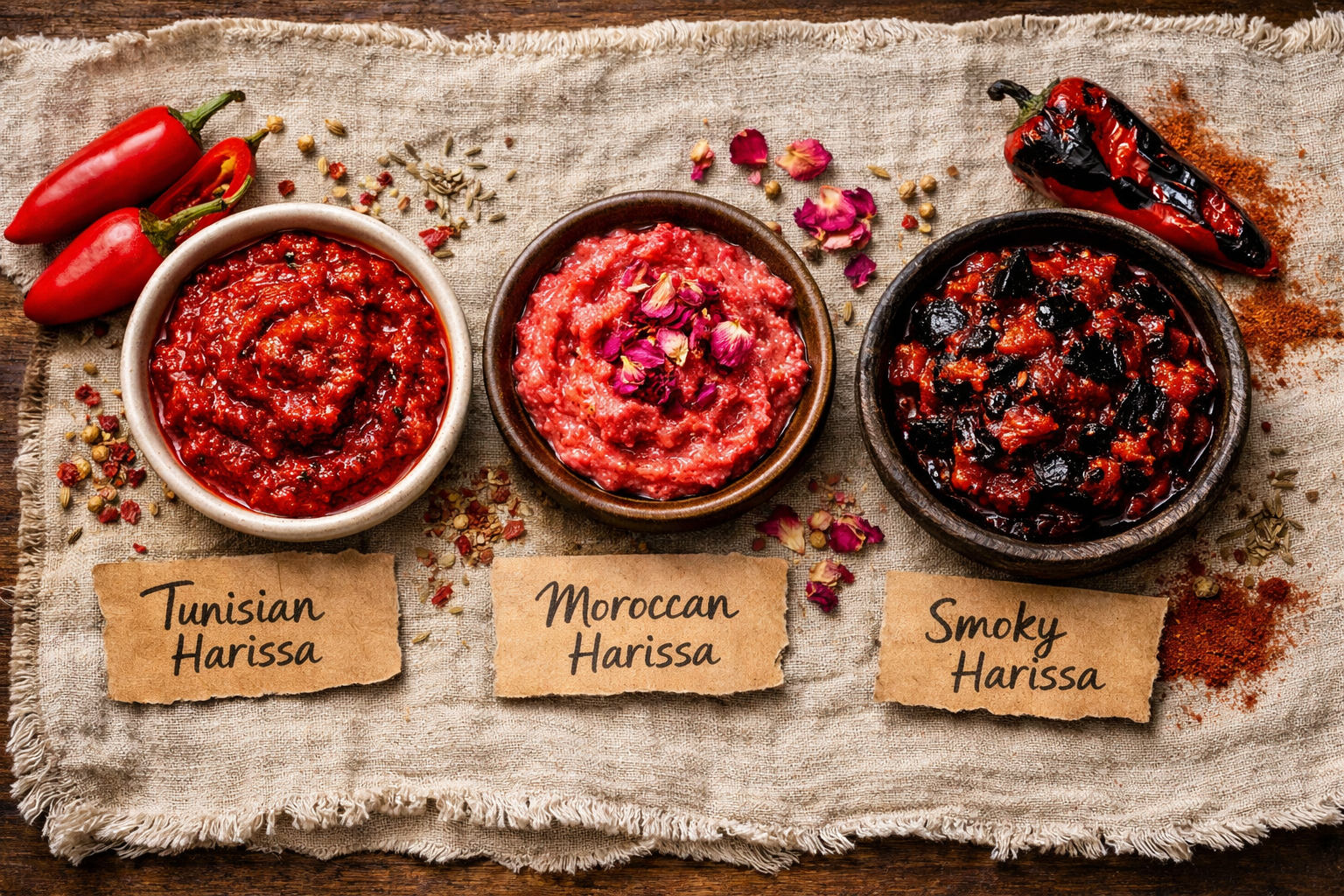 Overhead flat-lay () showing regional harissa varieties side by side: a small ceramic dish of deep red Tunisian harissa with