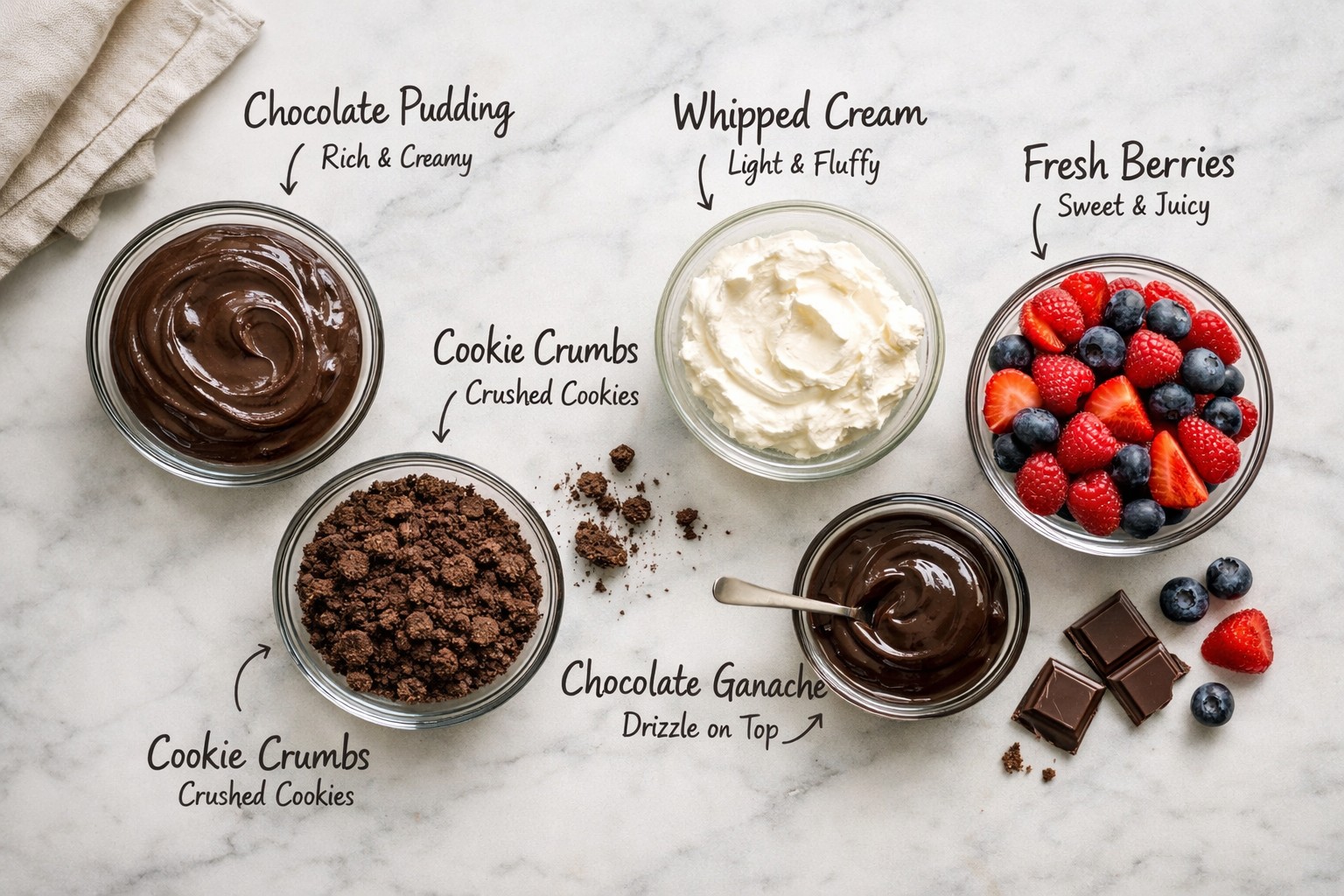 Wide () editorial food photography showing a step-by-step flat-lay assembly of a chocolate parfait: individual glass bowls