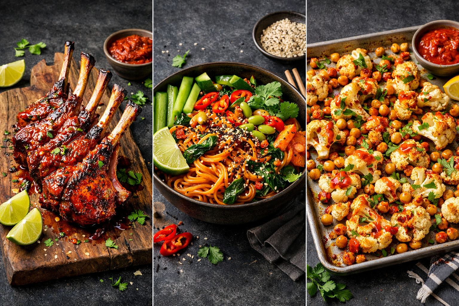 Wide () showing three distinct harissa marinade applications: a rack of lamb chops glazed with harissa resting on a wooden