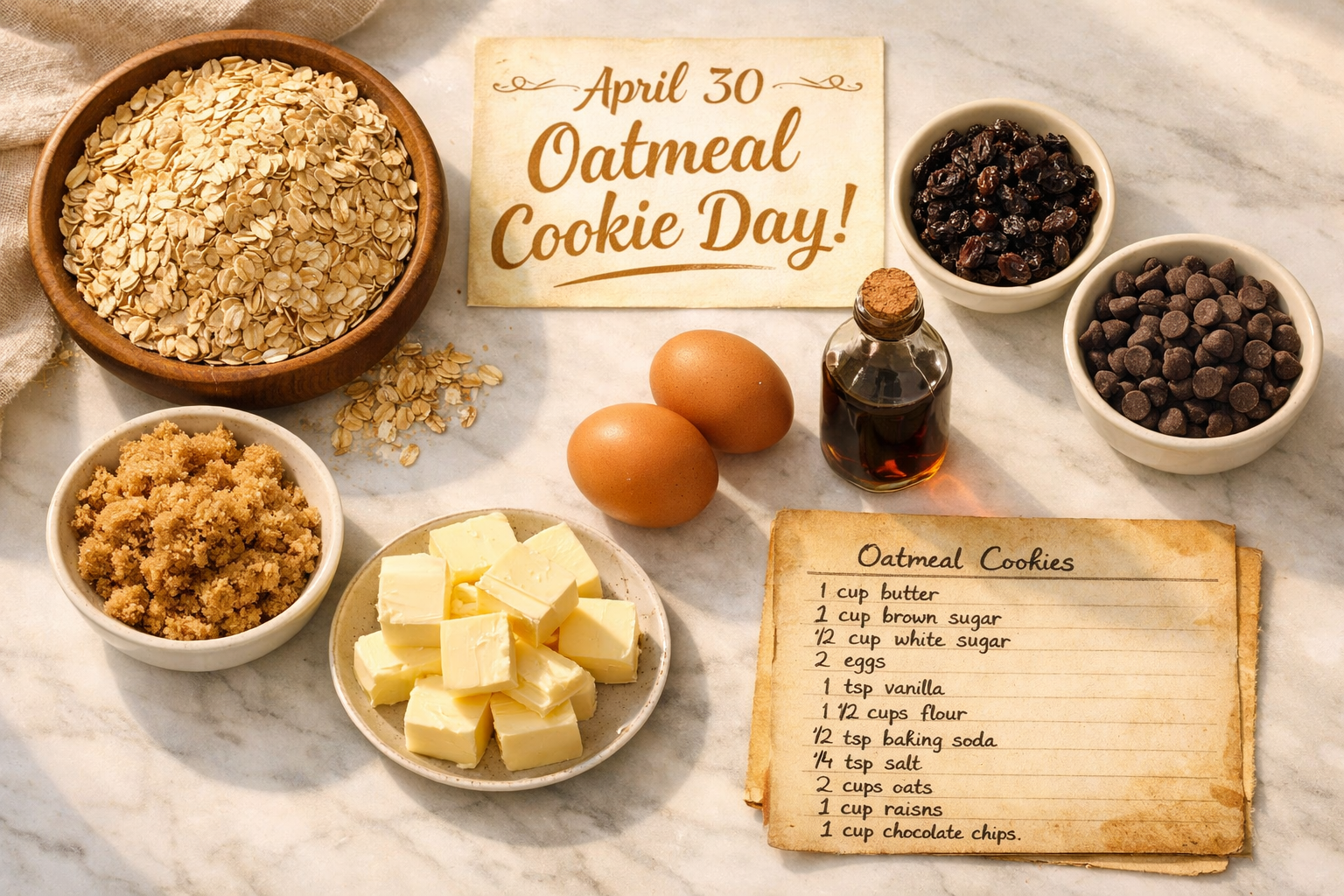 () editorial content image showing a step-by-step flat-lay overhead shot of oatmeal cookie baking ingredients arranged on a