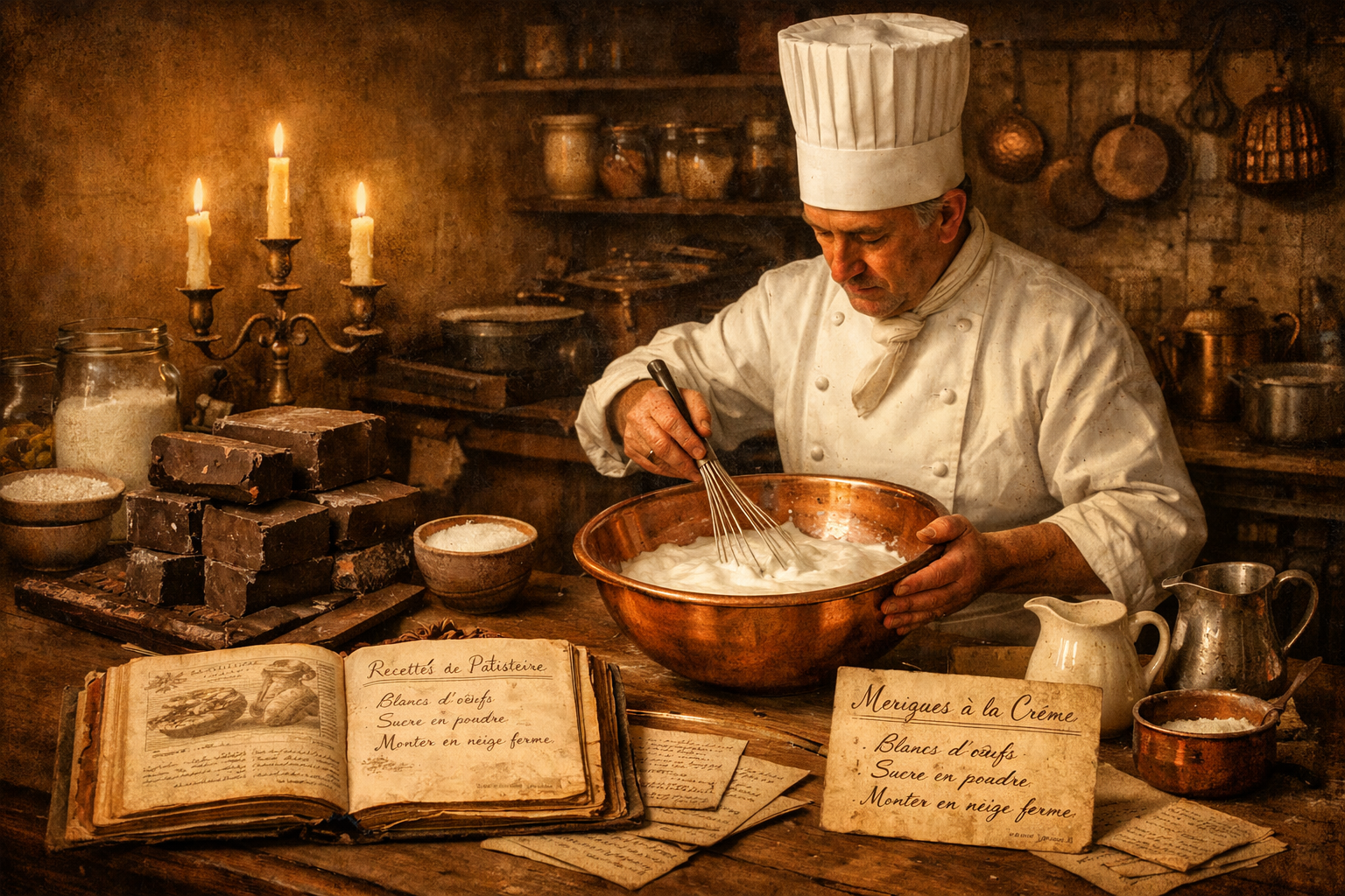 () editorial food history illustration showing a vintage French patisserie kitchen scene from the late 1800s, a chef in