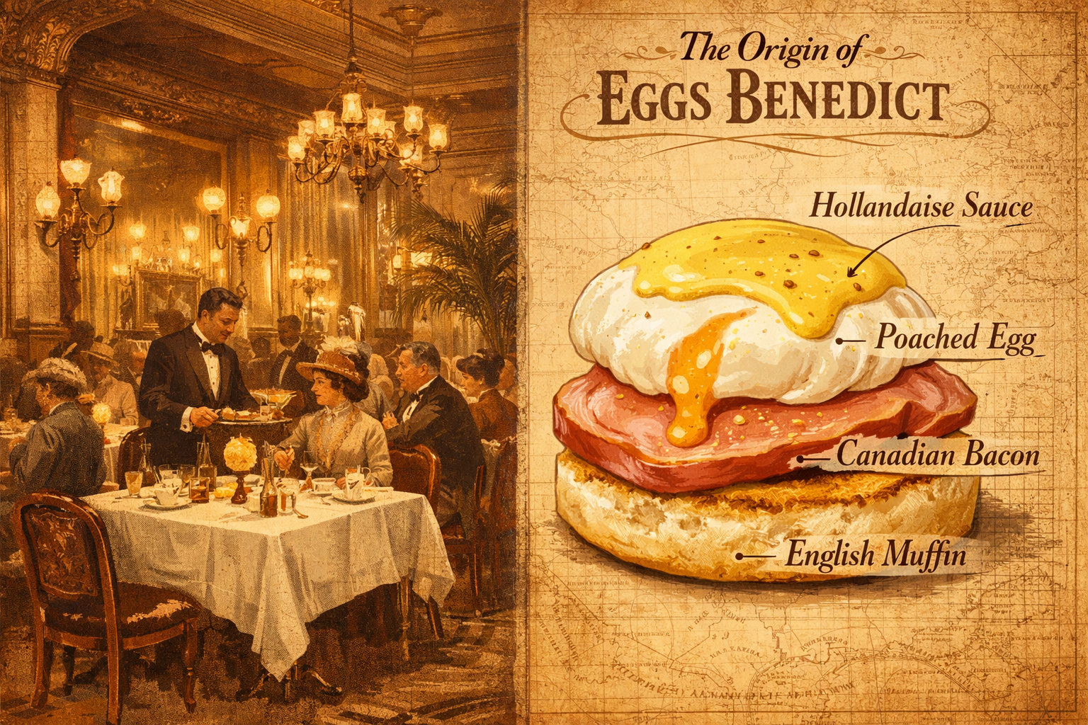 () editorial food illustration showing the origin story of Eggs Benedict: split composition with left side depicting a