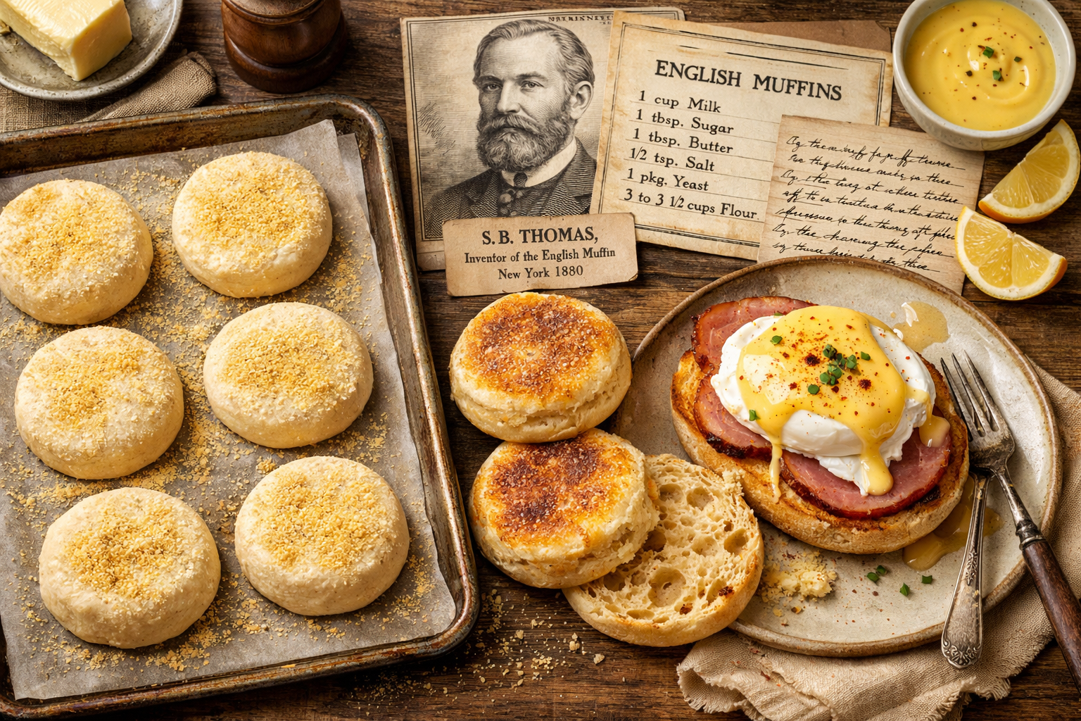 () editorial food photography showing a detailed overhead flat-lay of English muffins at various stages: raw dough rounds
