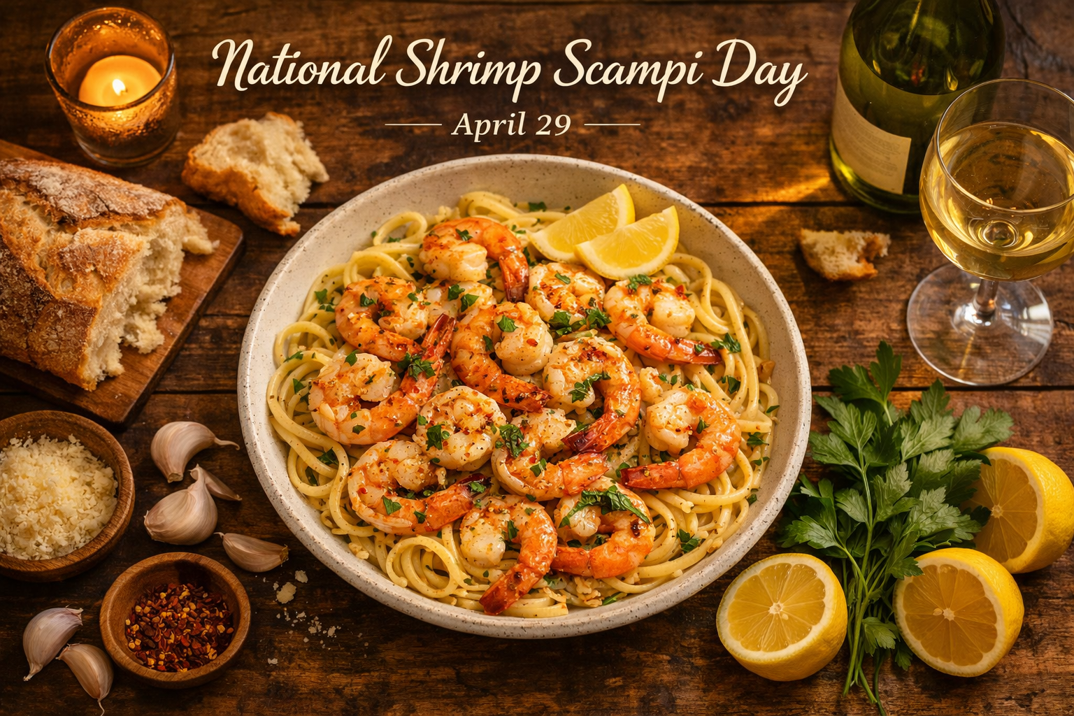 () editorial food photography showing a rustic wooden dining table set for a celebration of National Shrimp Scampi Day on