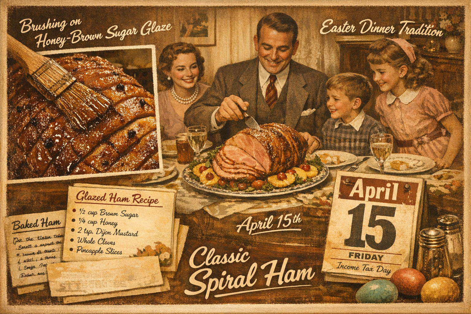 () editorial food photography showing the rich history and cultural context of glazed spiral ham in America — a