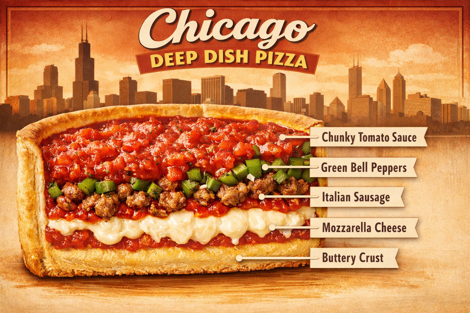 () editorial illustration showing a cross-section cutaway of a classic Chicago deep dish pizza, revealing distinct layers: