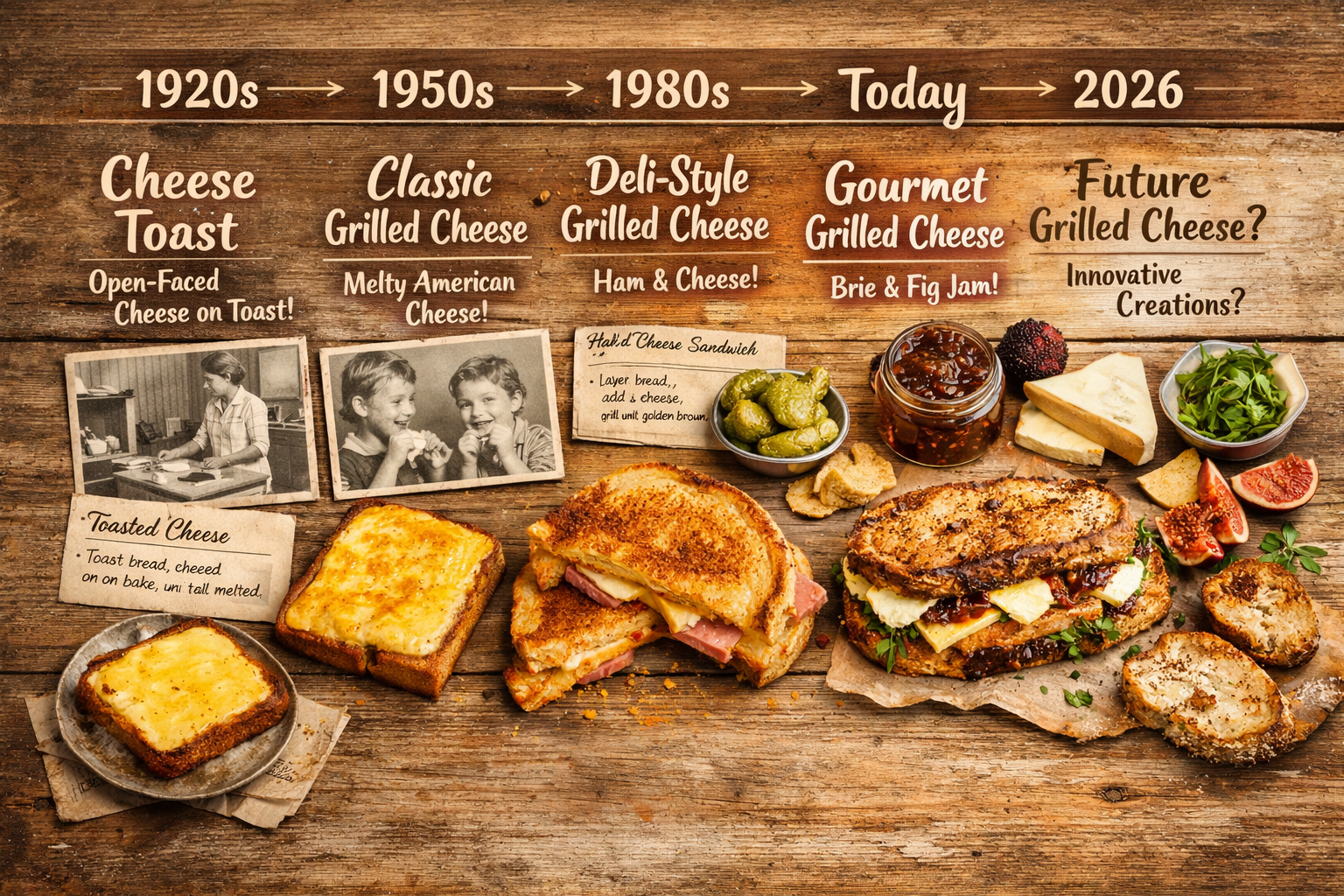 () editorial illustration showing a historical timeline collage of the grilled cheese sandwich evolution from 1920s American