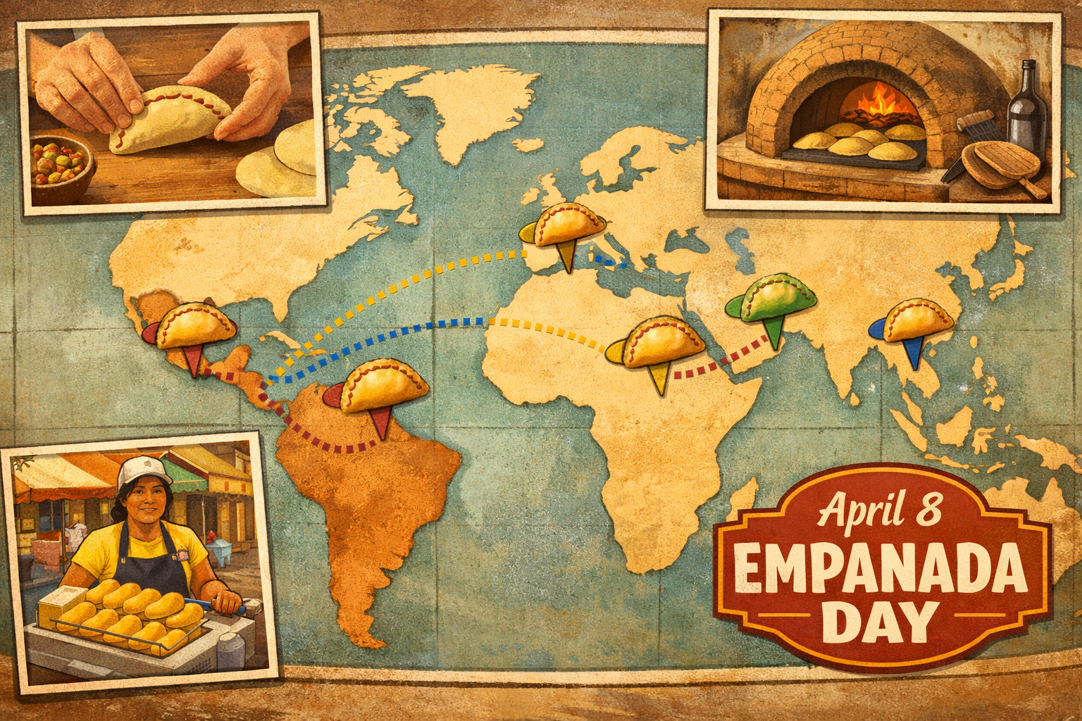 () editorial illustration showing a world map with empanada icons pinned to Latin America, Spain, the Philippines, and other